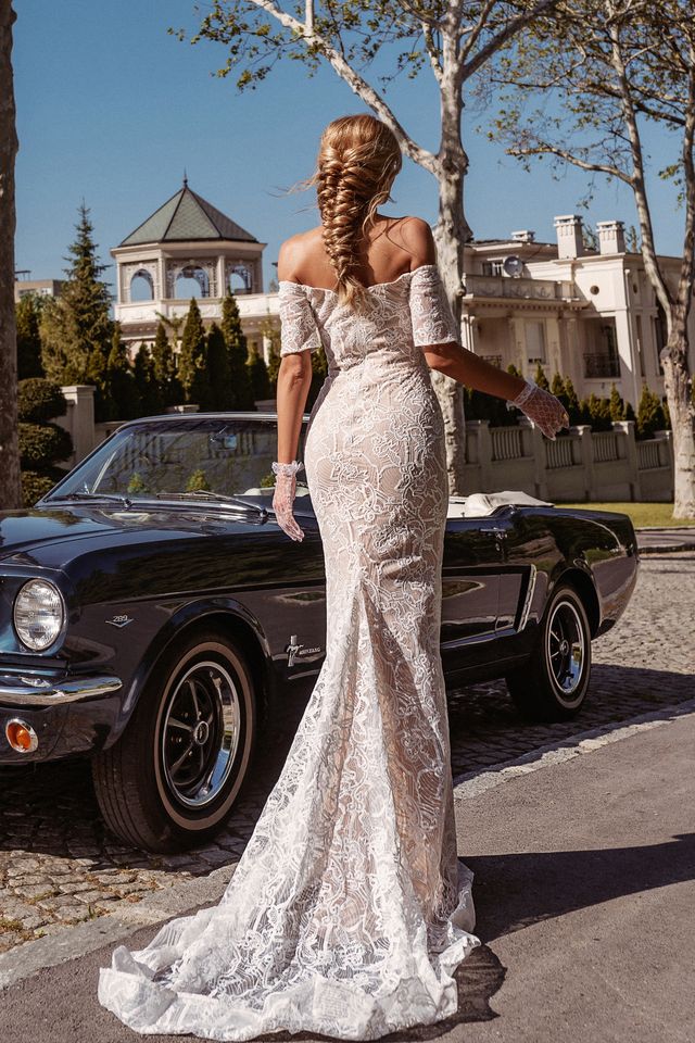 Tina Holly BB006 Off-Shoulder Short Sleeve Lace Mermaid Dress (Made to Order)