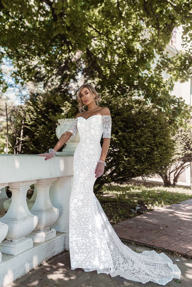 Tina Holly BB009 Sweetheart Sequin Mermaid Gown with 3/4 Off-Shoulder Sleeves (Made to Order)