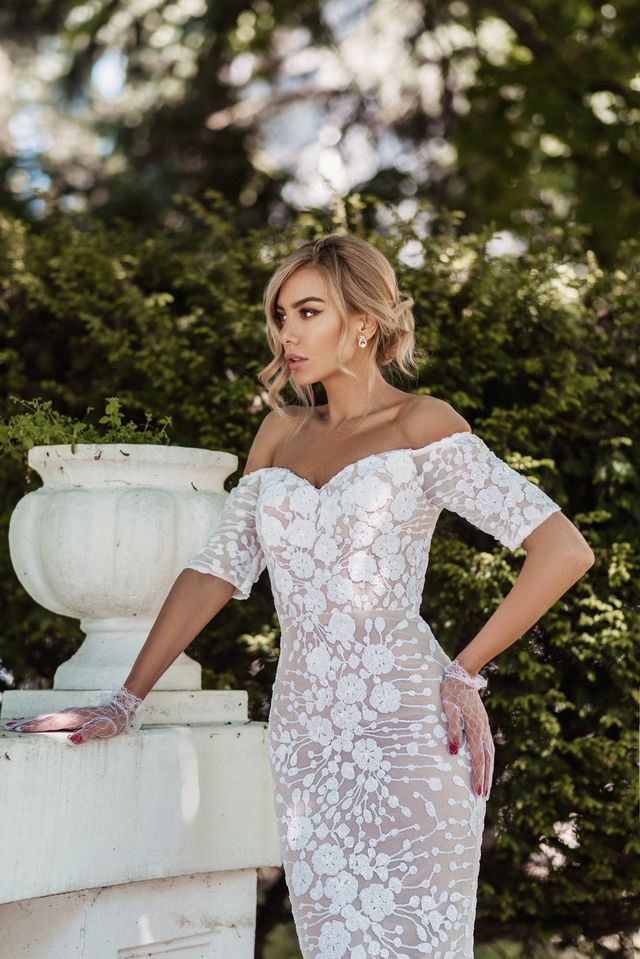 Tina Holly BB009 Sweetheart Sequin Mermaid Gown with 3/4 Off-Shoulder Sleeves (Made to Order)