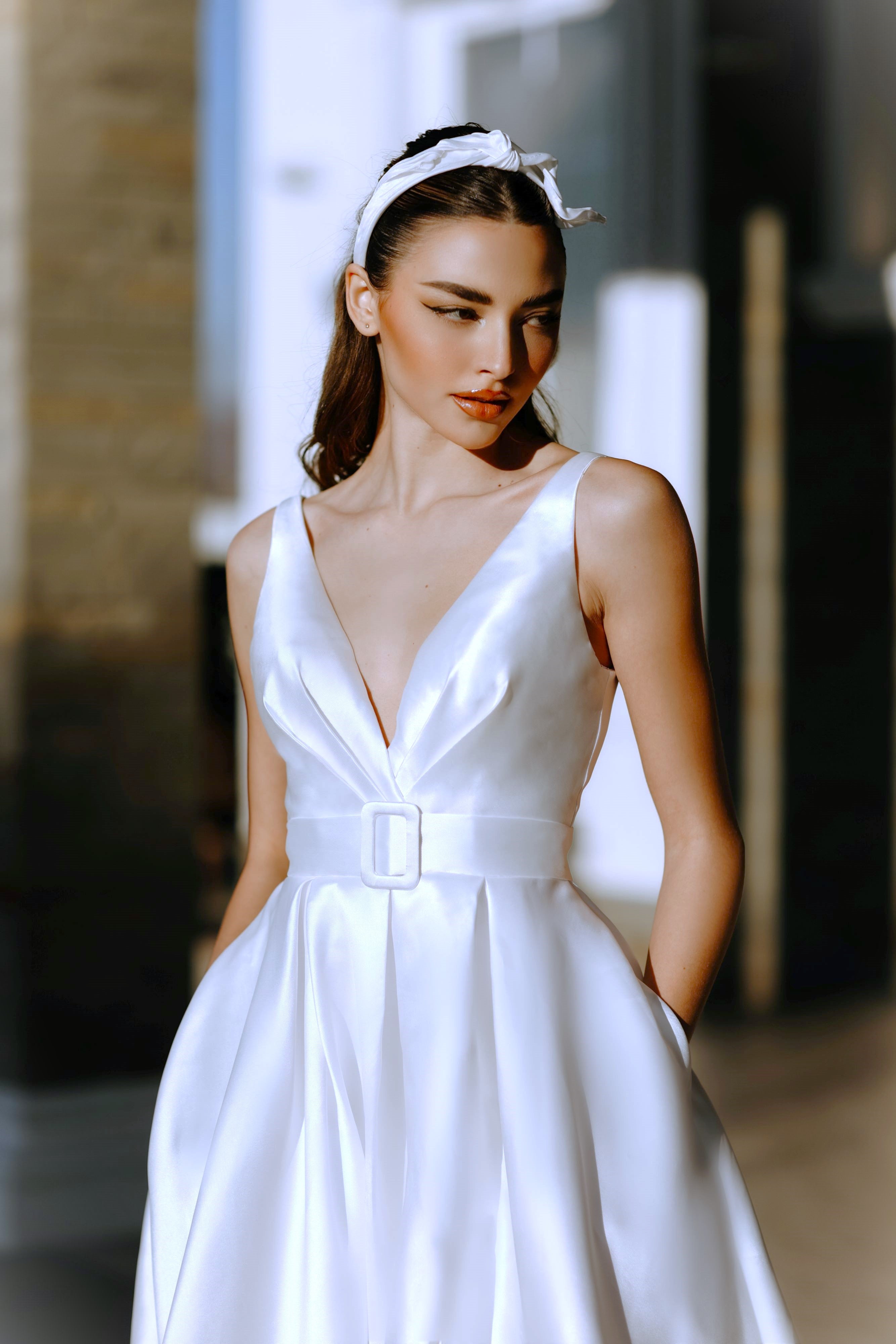 Tina Holly | BB209 Plunging Neckline With Classic Belt Mikado A Line Ball Gown (Made to Order)