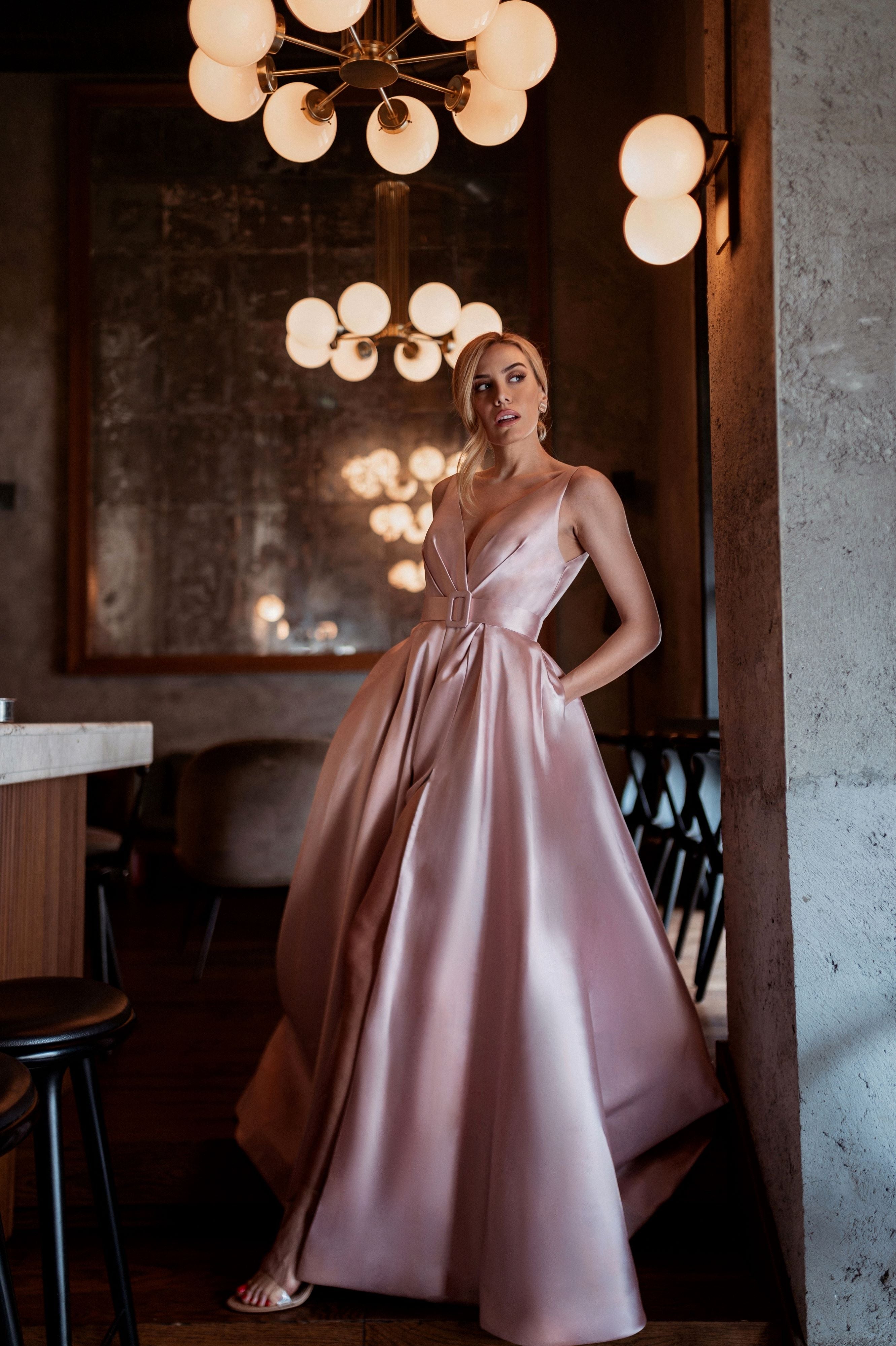 Tina Holly | BB209 Plunging Neckline With Classic Belt Mikado Ball Gown