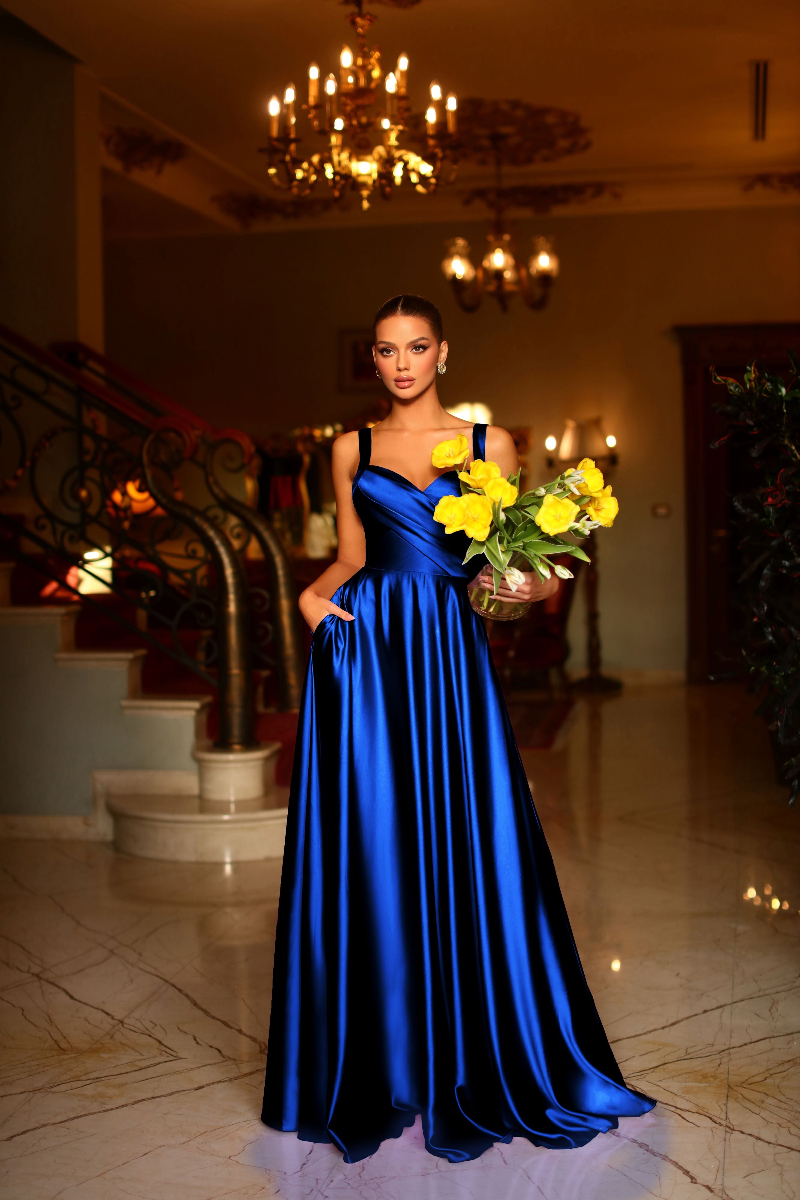 BB210 Sweetheart Neckline with crossover bodies Full Length Satin Royal Blue Dress