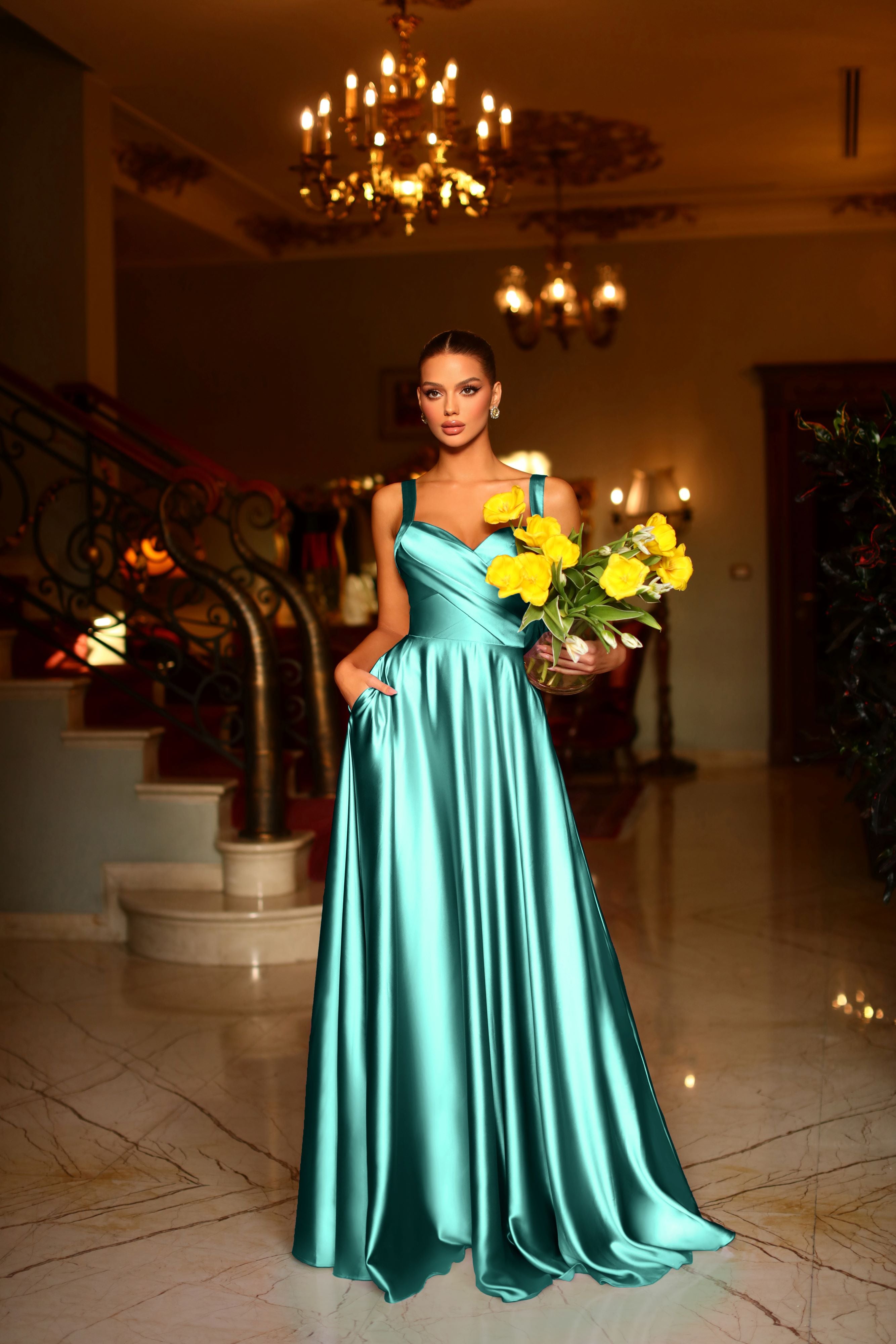 BB210 Sweetheart Neckline with crossover bodies Full Length Satin Mint Dress