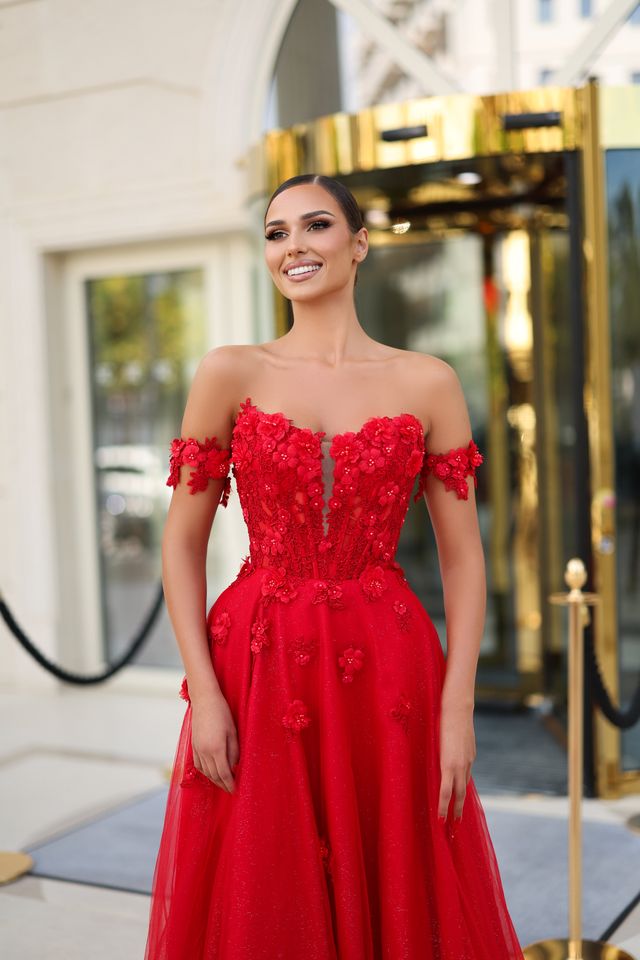 Tina Holly TK582 Beaded 3D Lace Satin Ball Gown with Detachable Sleeves