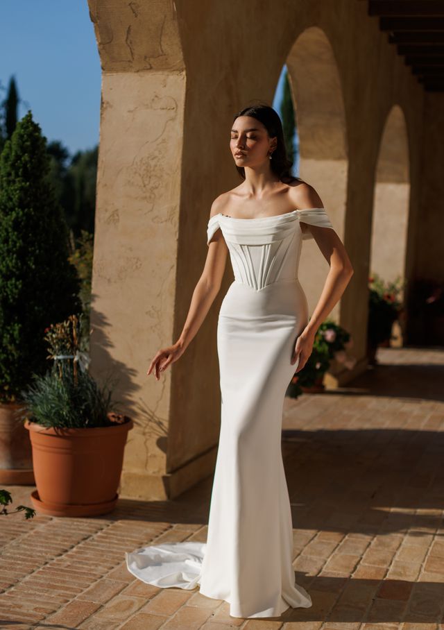 Tina Holly TW485 Off-Shoulder Corset Gown in French Satin