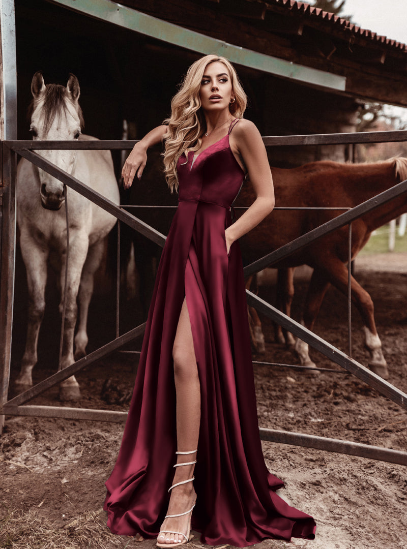 Tina Holly | TE001 Satin Plunging Neckline Laced Back Split A lineFormal Dress (Made-To-Order)