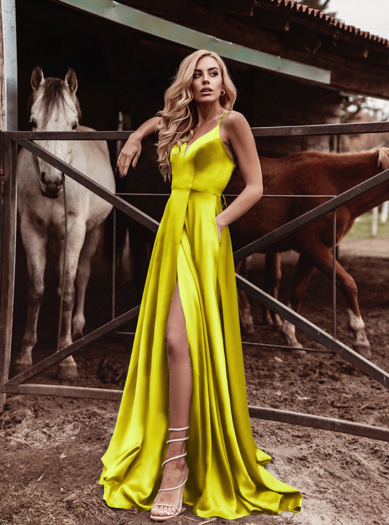 Tina Holly | TE001 Satin Plunging Neckline Laced Back Split A lineFormal Dress (Made-To-Order)