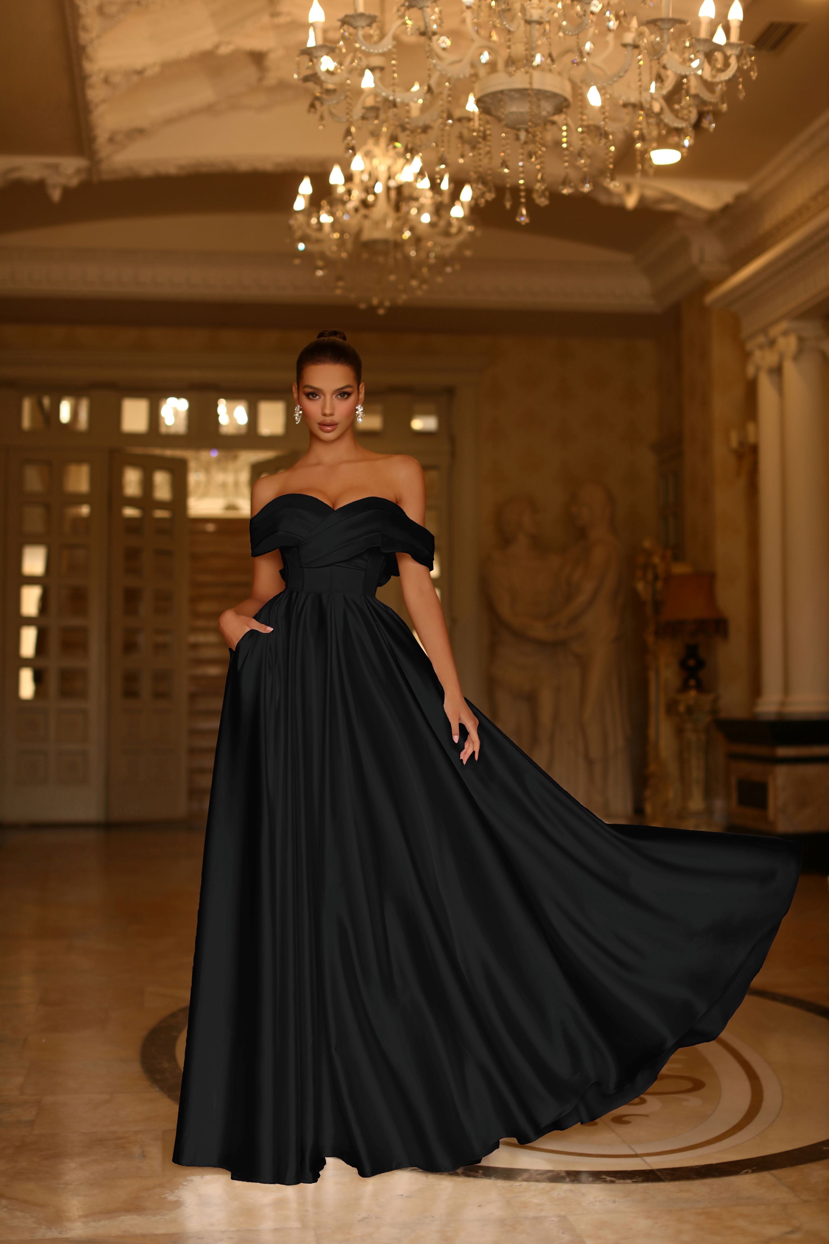 Tina Holly | TE207 Sweetheart Draped Pleated Off Shoulder Full Length Dress