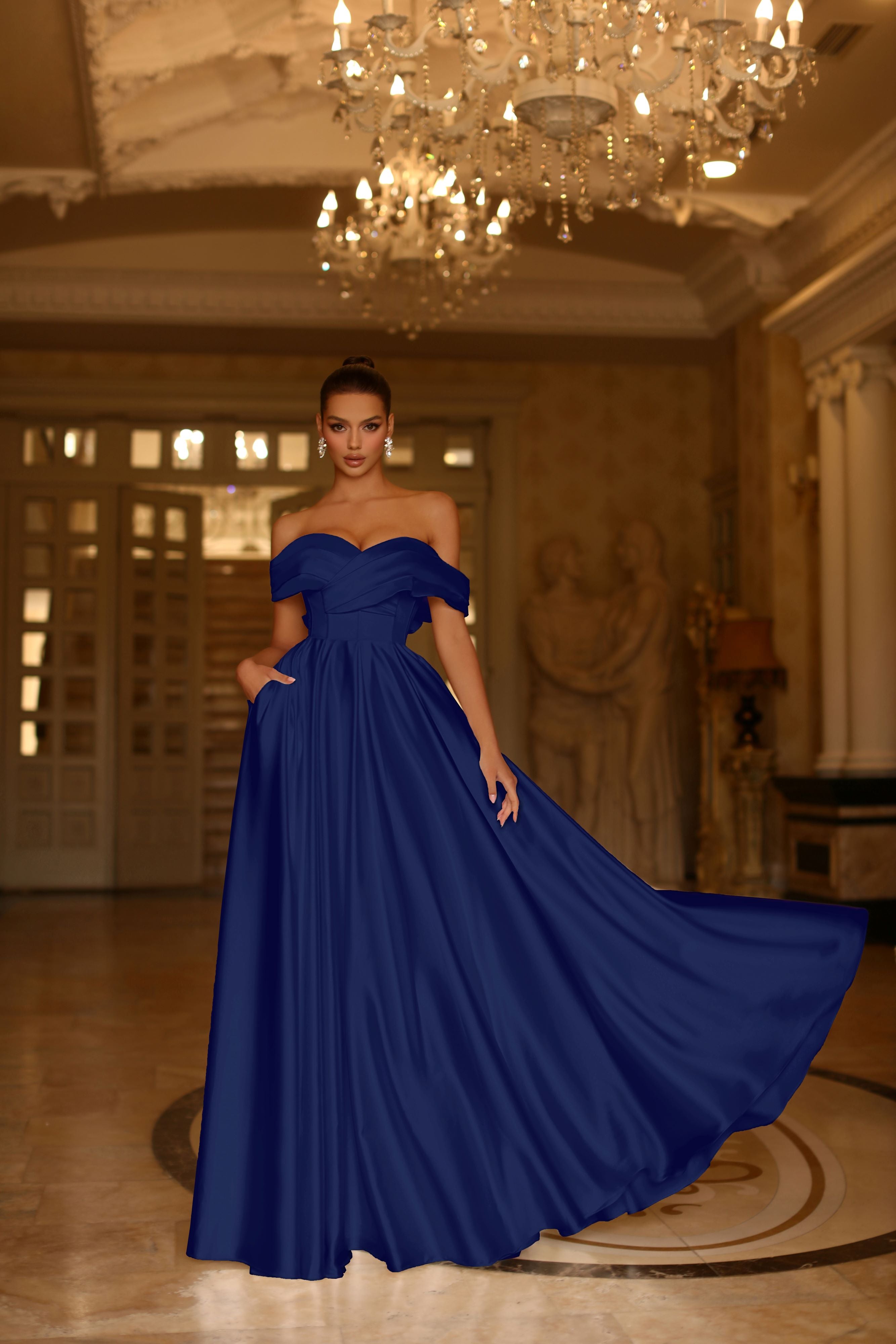 Tina Holly | TE207 Sweetheart Draped Pleated Off Shoulder Full Length Dress