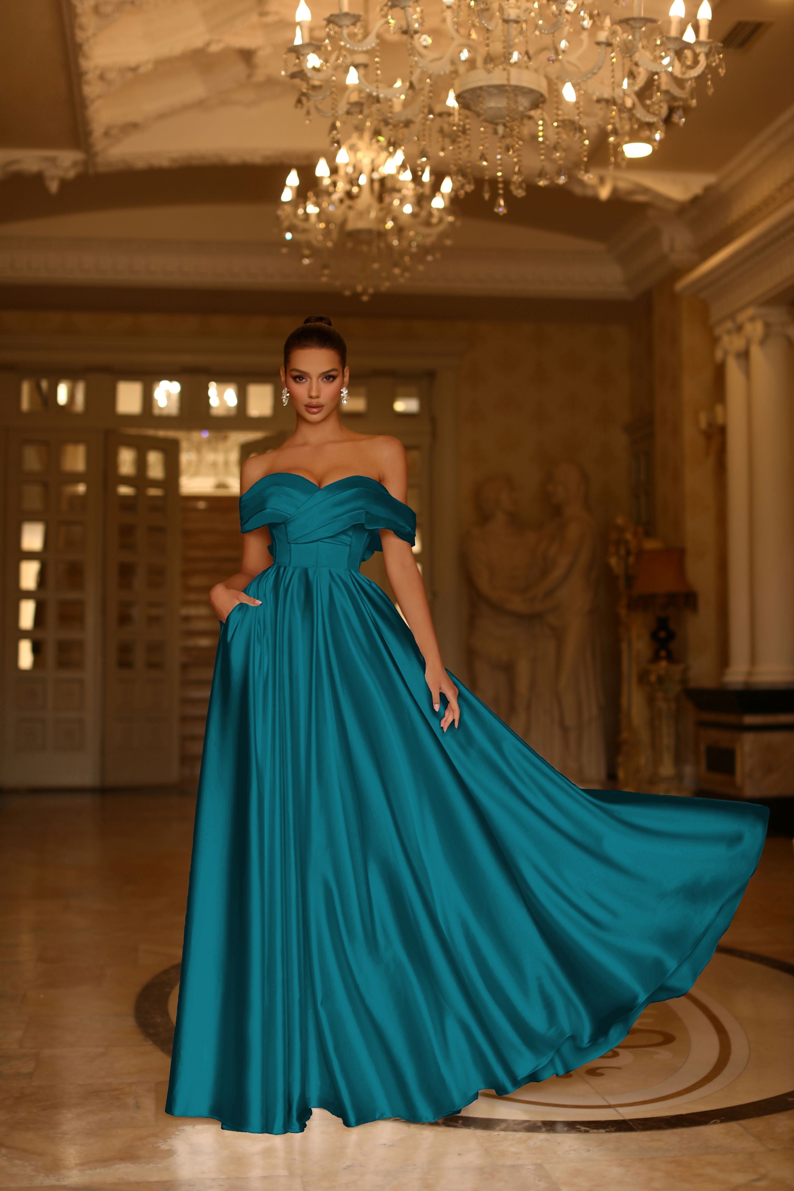 Tina Holly | TE207 Sweetheart Draped Pleated Off Shoulder Full Length Dress