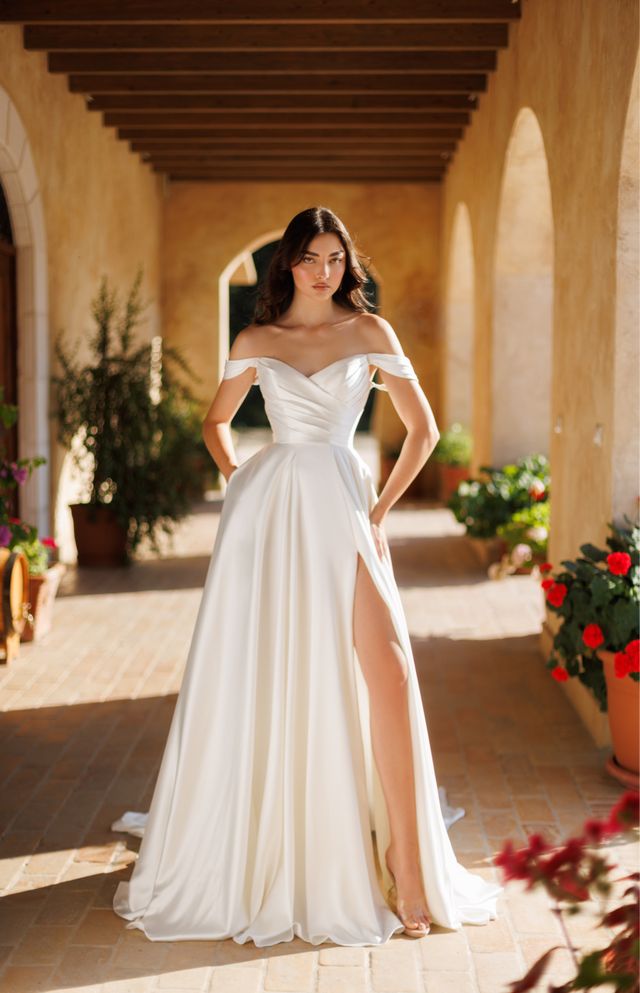 Tina Holly TE565 Chic Off-Shoulder Soft Satin Wedding Dress with Detachable Straps