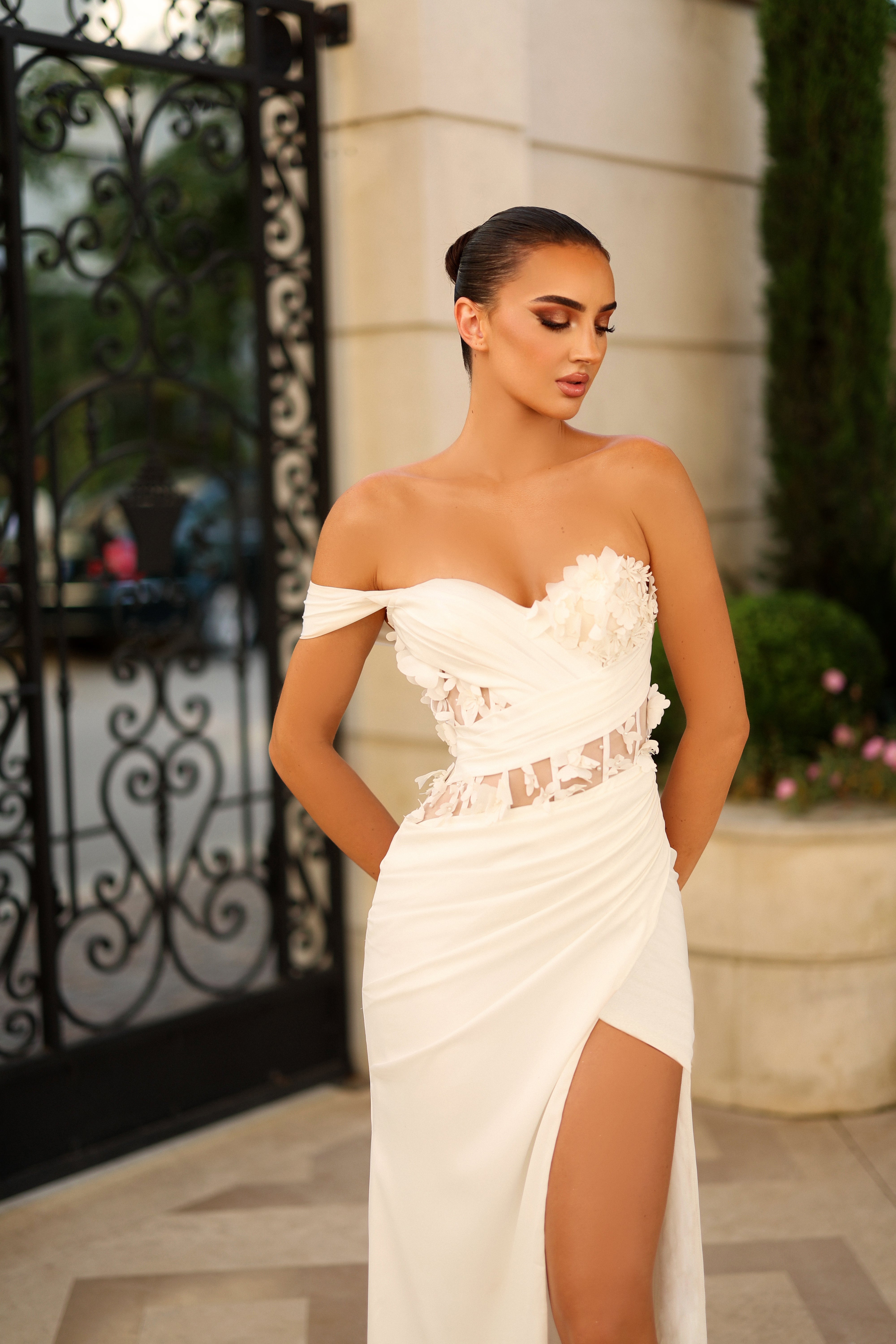 Tina Holly TE829 One-Shoulder 3D Floral French Satin Gown