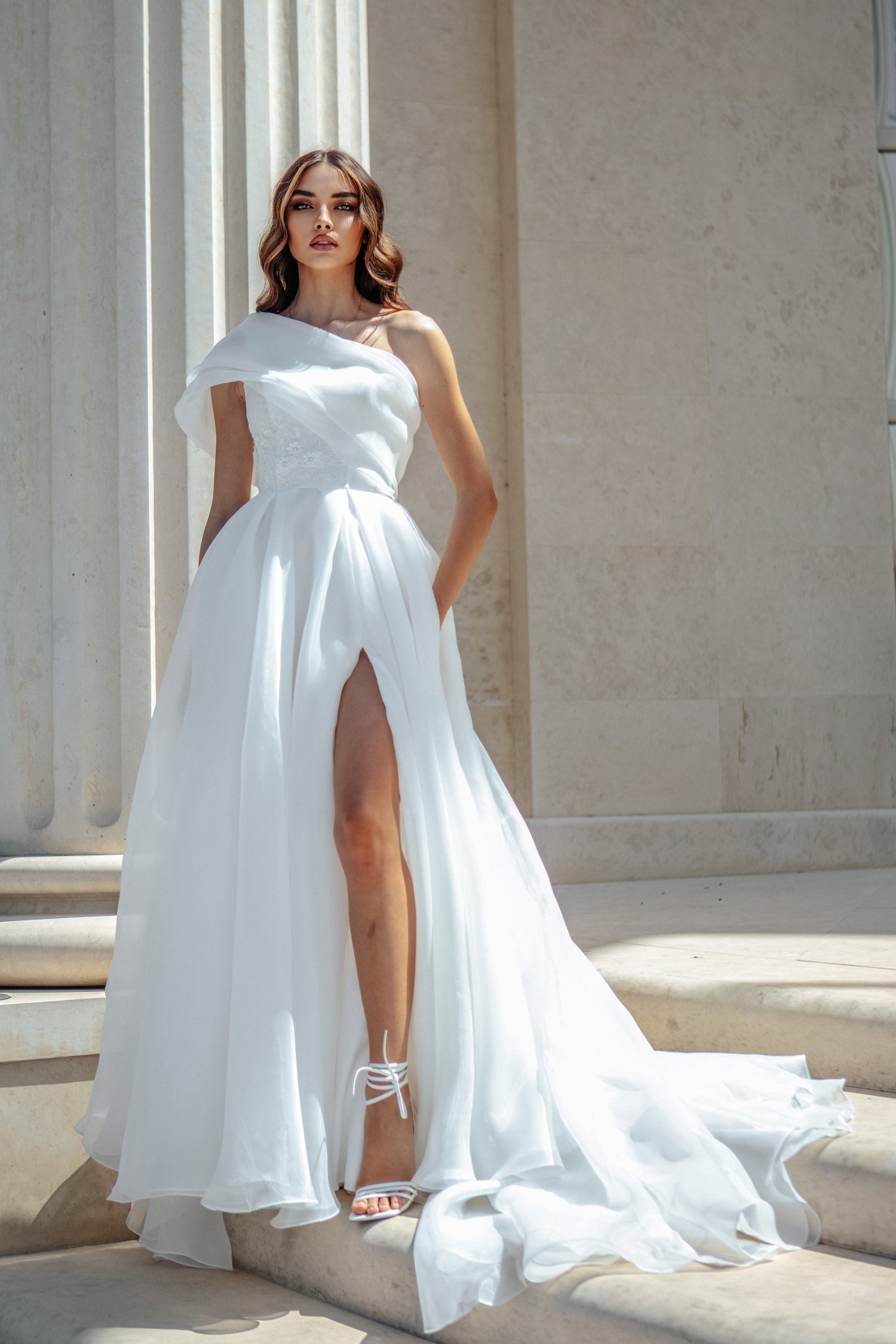 Tina Holly TK012W One-Shoulder Organza Bridal Gown with a Graceful Slit (Made to Order)