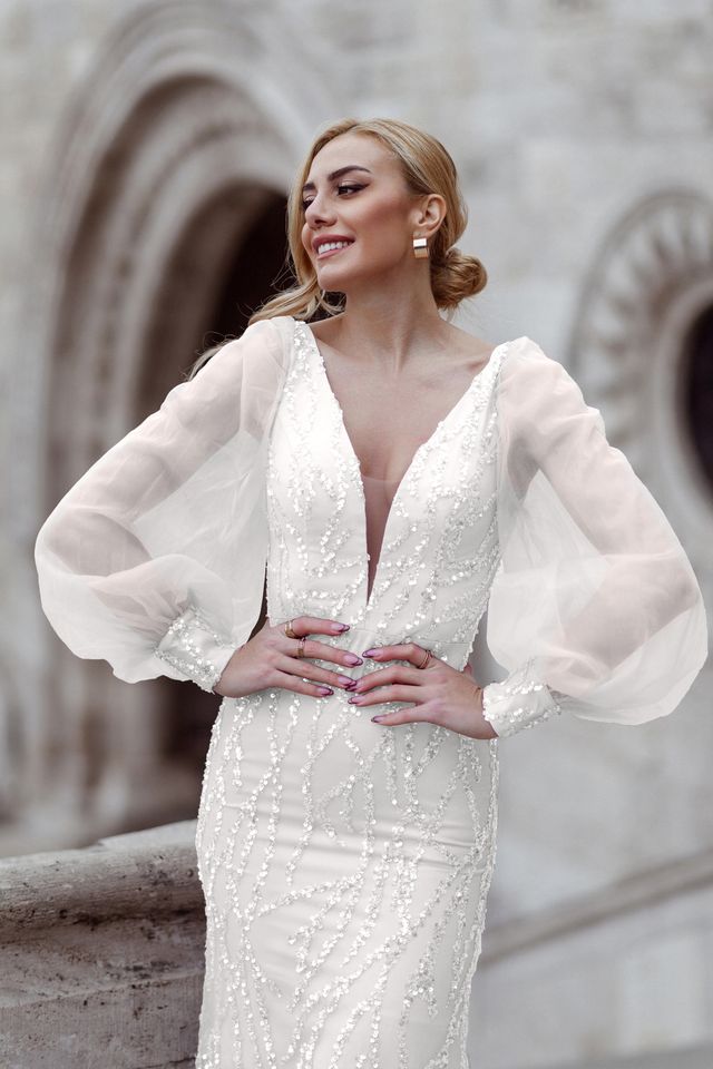 Tina Holly TK209 Beaded Lace Mermaid Dress with Illusion Puff Sleeves