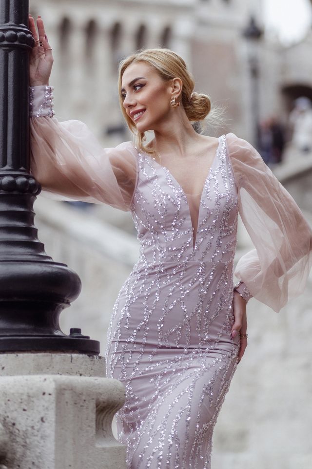 Tina Holly TK209 Beaded Lace Mermaid Dress with Illusion Puff Sleeves