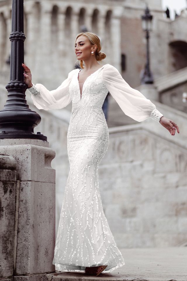 Tina Holly TK209 Beaded Lace Mermaid Dress with Illusion Puff Sleeves