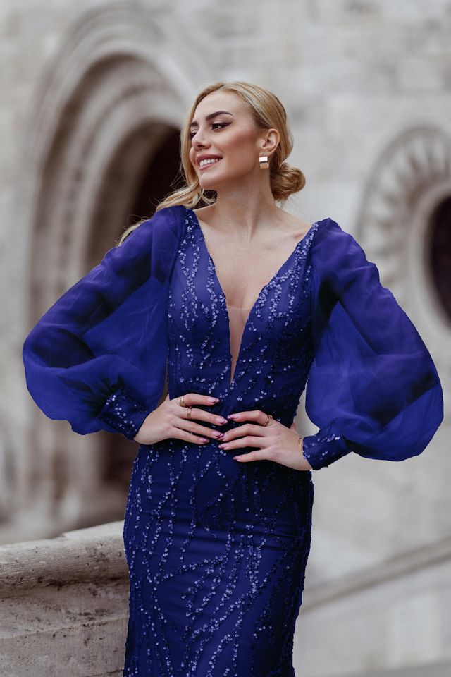 Tina Holly TK209 Beaded Lace Mermaid Dress with Illusion Puff Sleeves