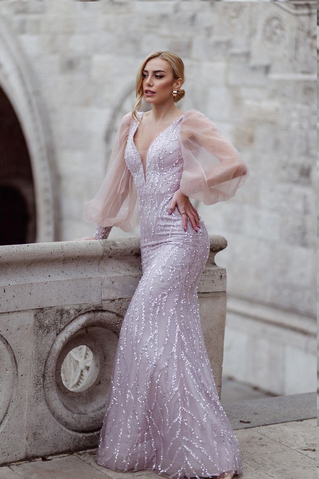 Tina Holly TK209 Beaded Lace Mermaid Dress with Illusion Puff Sleeves