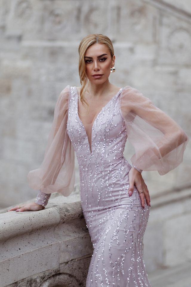 Tina Holly TK209 Beaded Lace Mermaid Dress with Illusion Puff Sleeves