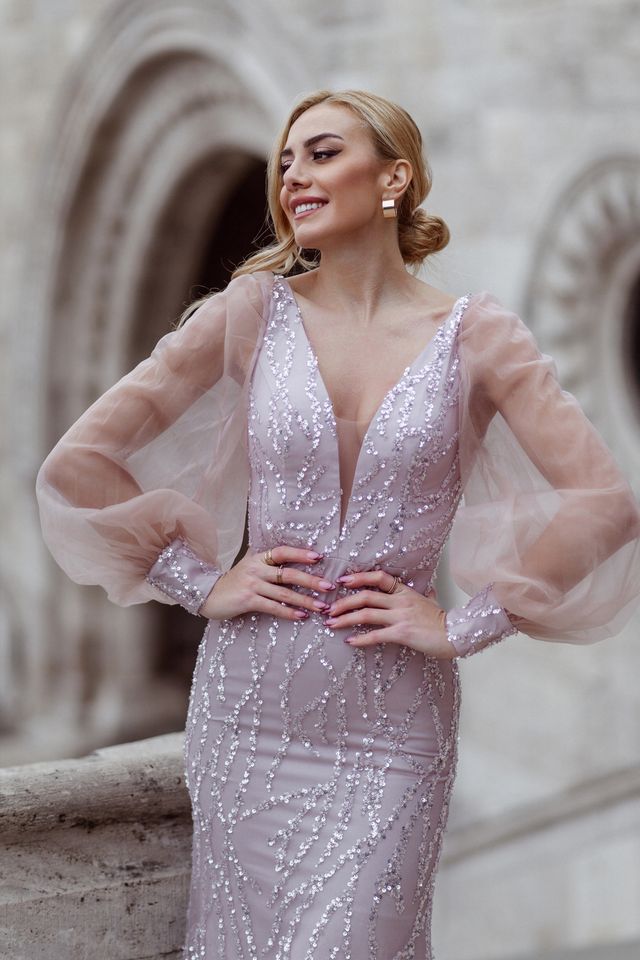 Tina Holly TK209 Beaded Lace Mermaid Dress with Illusion Puff Sleeves