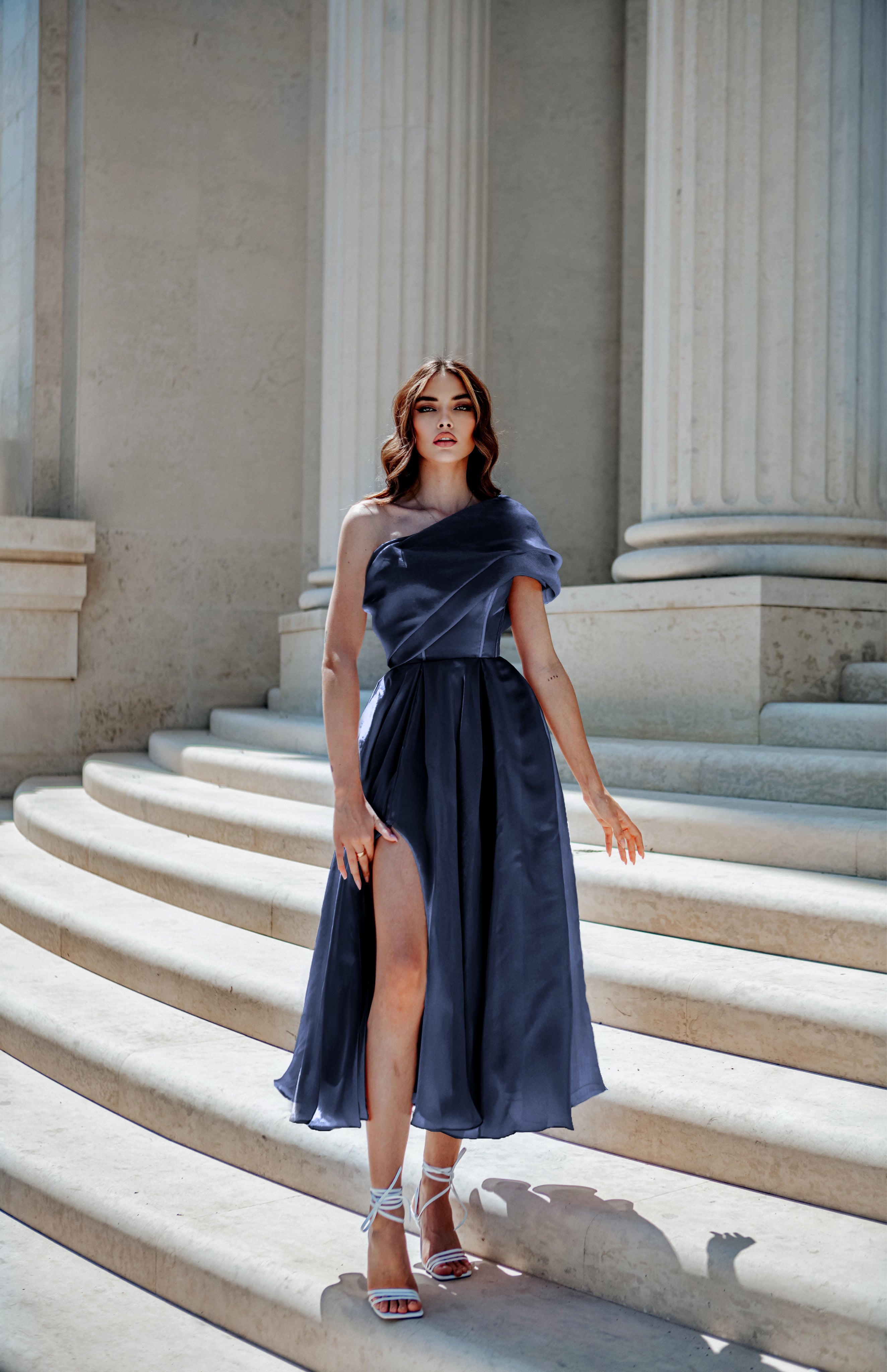 Tina Holly | TK315 Silky Satin One Shoulder Tea Length Cocktail Mother of Brides Formal Dress (Made-To-Order)