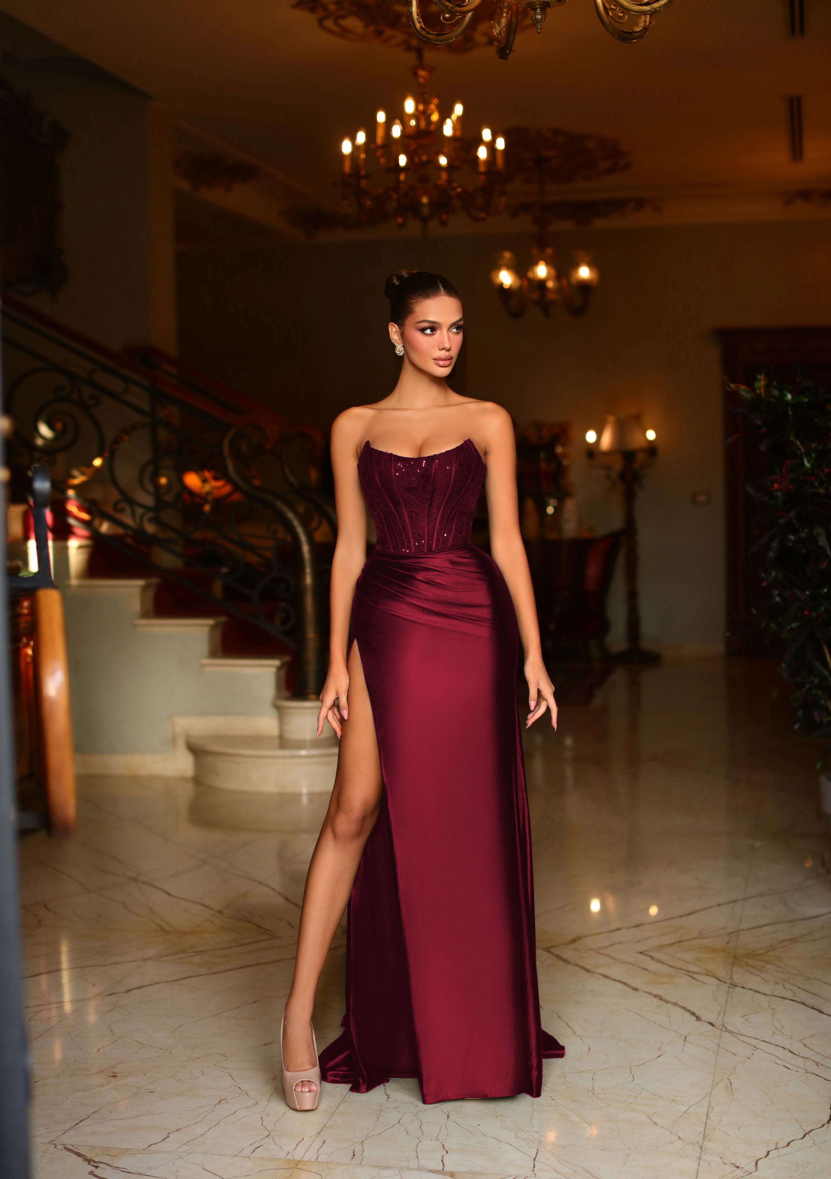 TK551 Scoop Neckline Floor Sweeping Train Satin Burgundy Dress