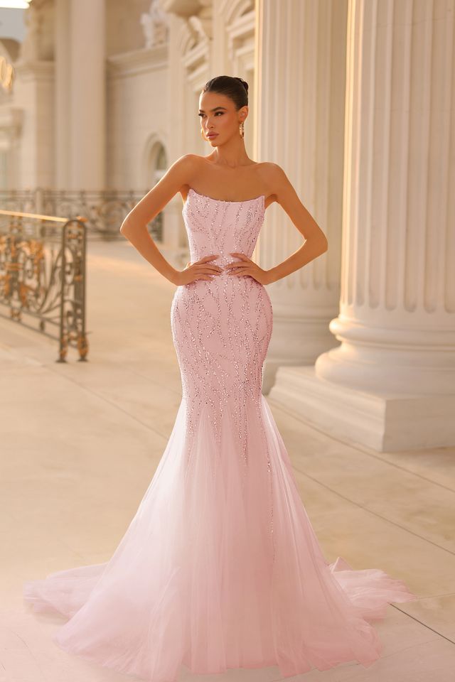 Tina Holly TK807 Blush Beaded Lace Mermaid Dress with Tulle Skirt (Made to Order)