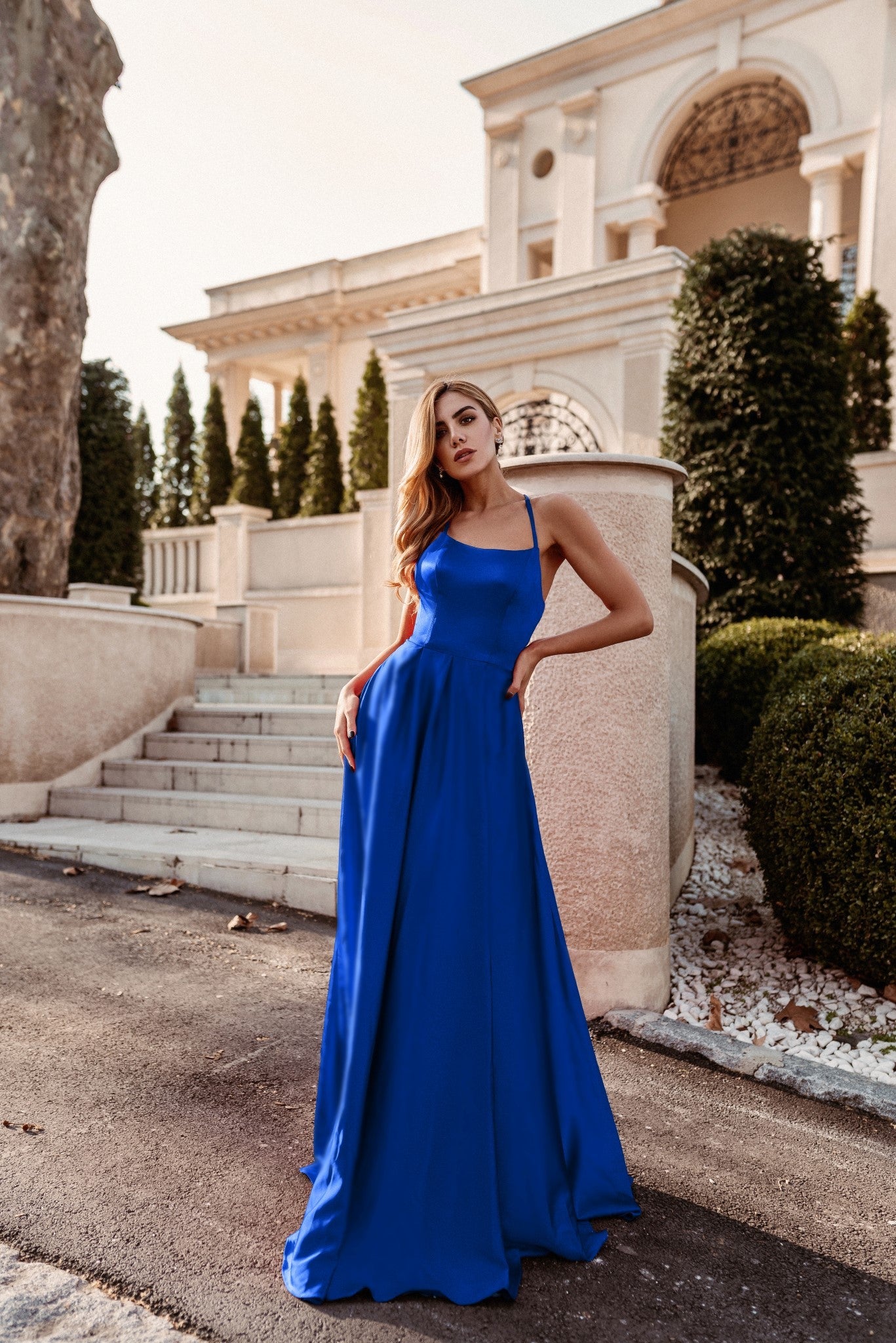 Tina Holly | TW004 Lace Back Apron Neckline A Line Satin Formal Dress (Made-To-Order)