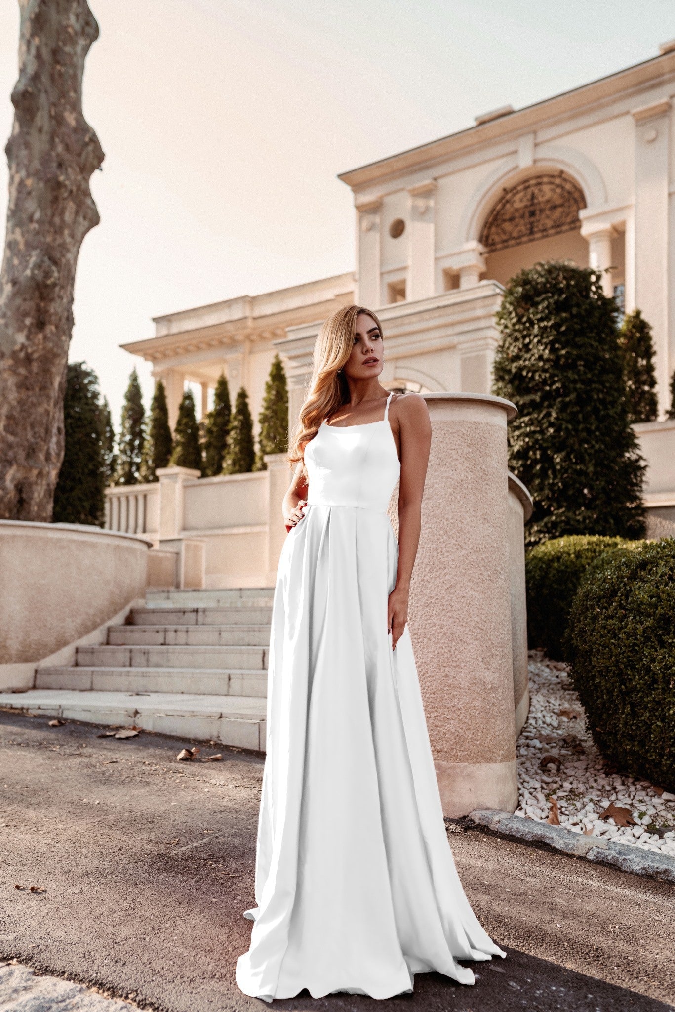 Tina Holly | TW004 Lace Back Apron Neckline A Line Satin Formal Dress (Made-To-Order)