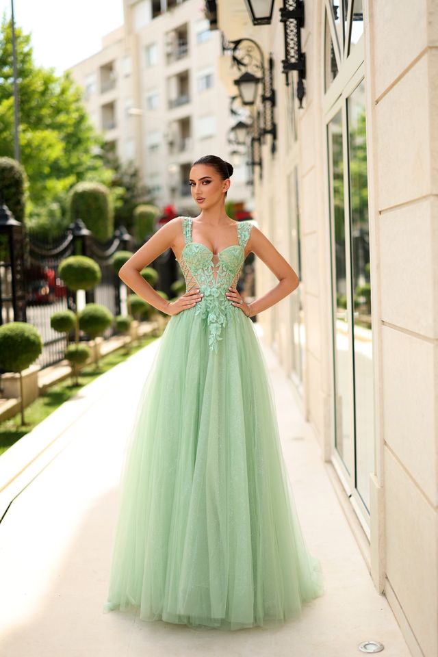 Tina Holly TW500 Elegant Pale Sage Beaded Lace Gown with Detachable Sleeves