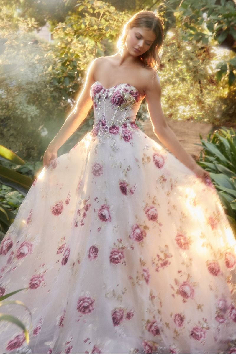 Andrea & Leo | Strapless Organza Peony Print Ball Gown