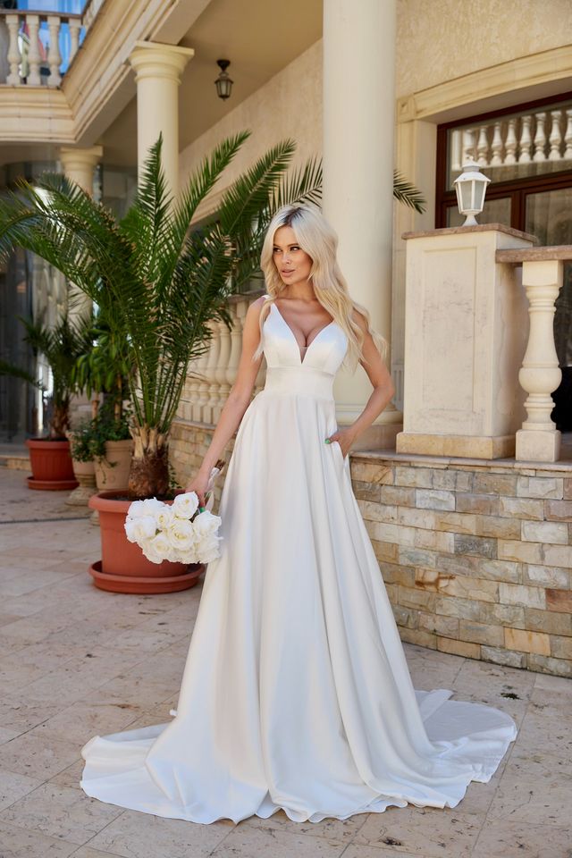 Tina Holly BA269W Elegant Satin A-Line Bridal Gown with Plunging Neckline