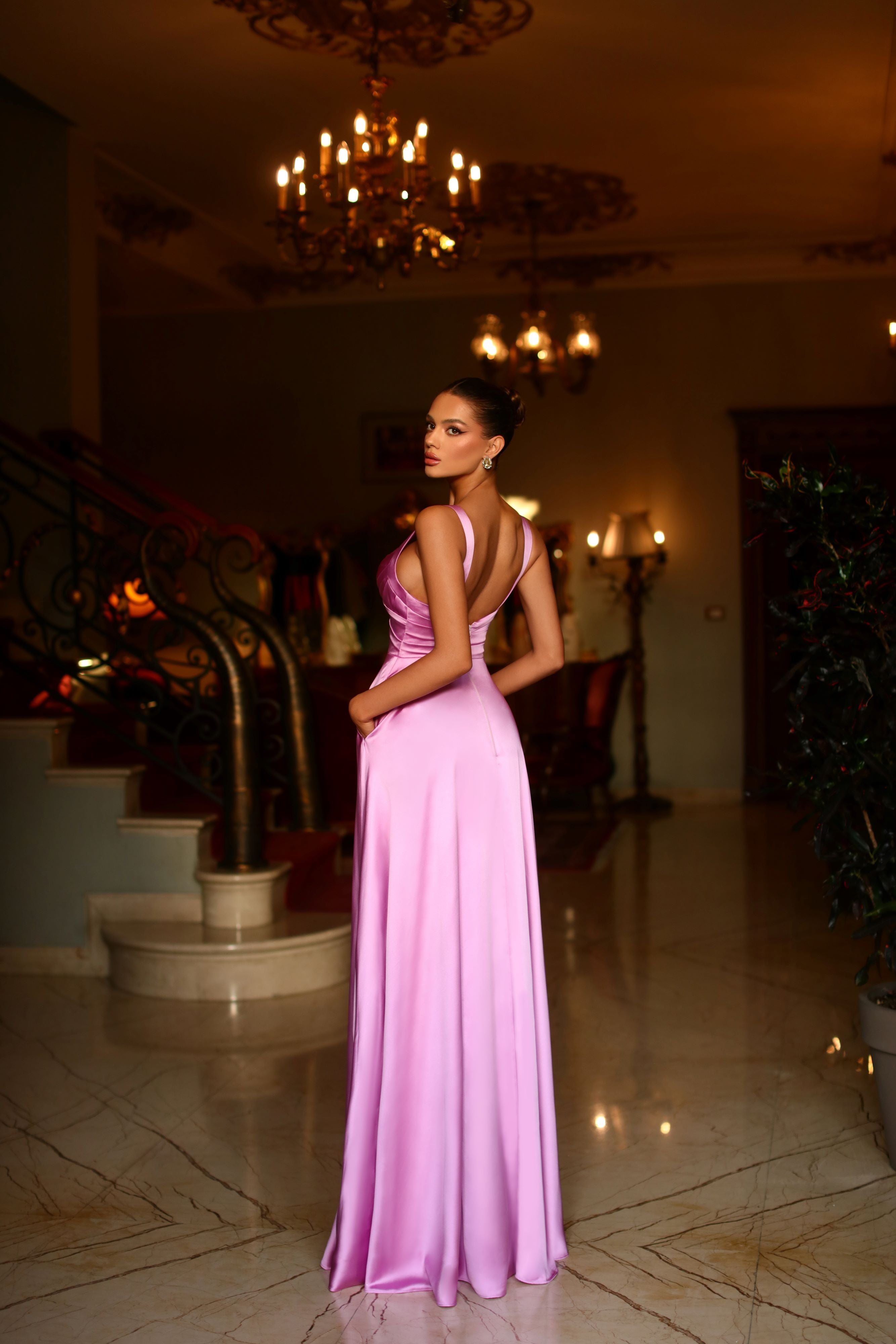 BB210 Sweetheart Neckline with crossover bodies Full Length Satin Orchid Dress