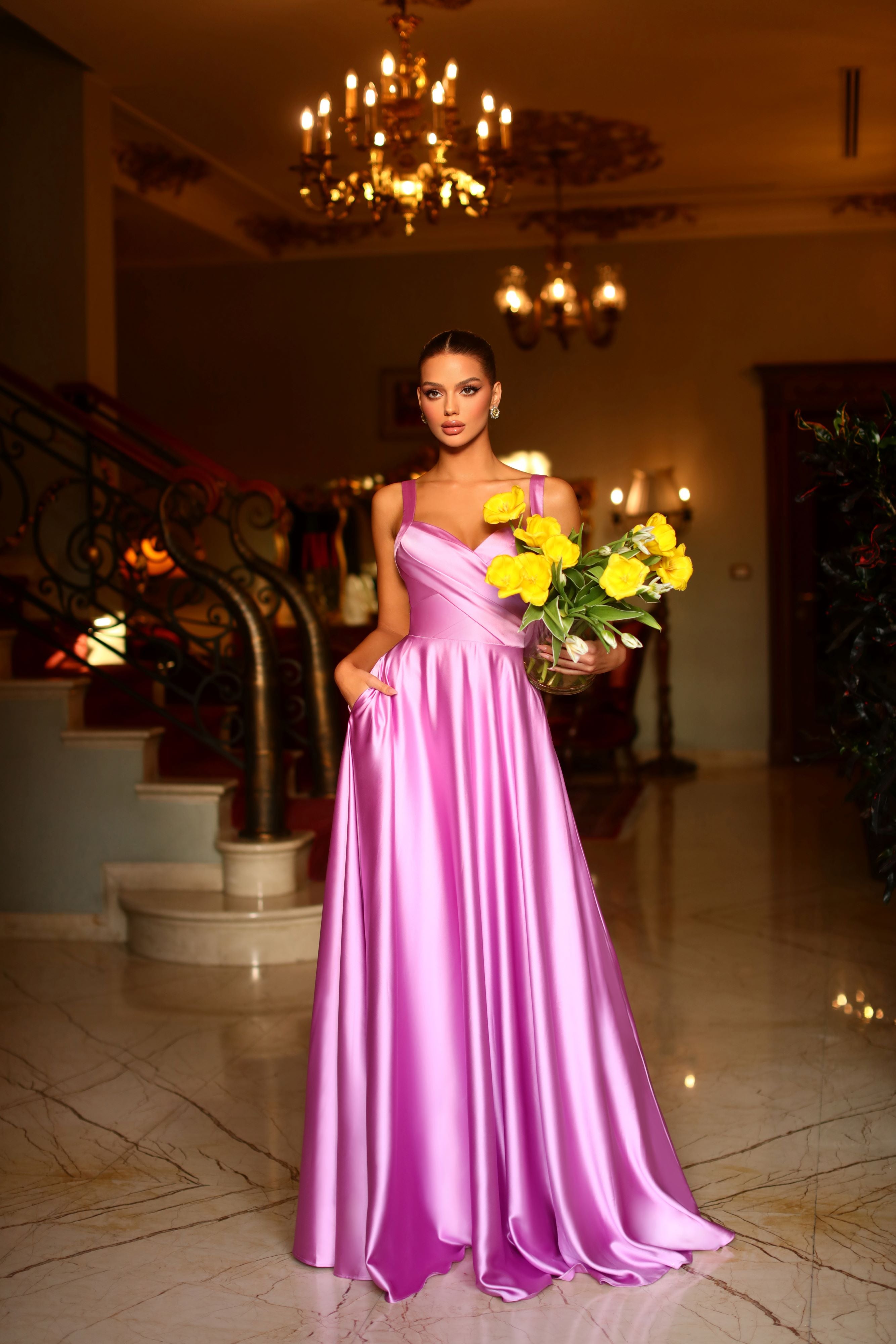 BB210 Sweetheart Neckline with crossover bodies Full Length Satin Orchid Dress