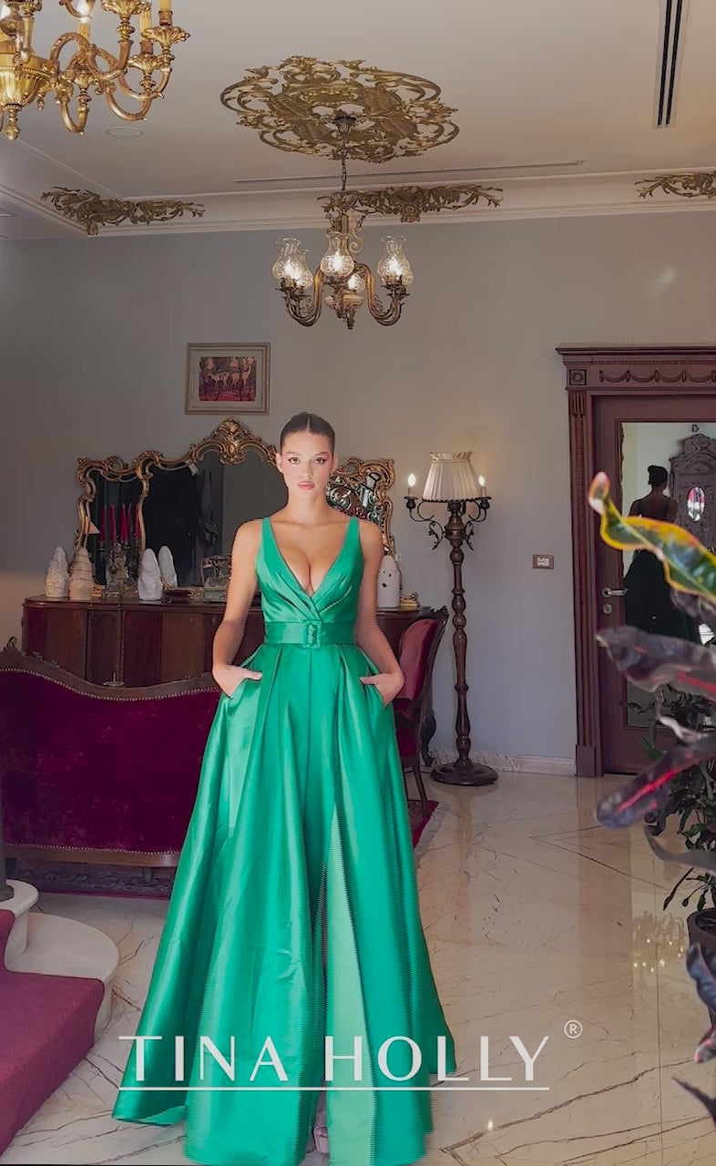 Tina Holly | BB209 Plunging Neckline With Classic Belt Mikado Ball Gown