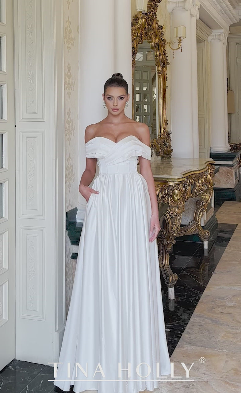 Tina Holly | TE207W Sweetheart Off Shoulder Neckline with Detachable Bow Full Length Dress