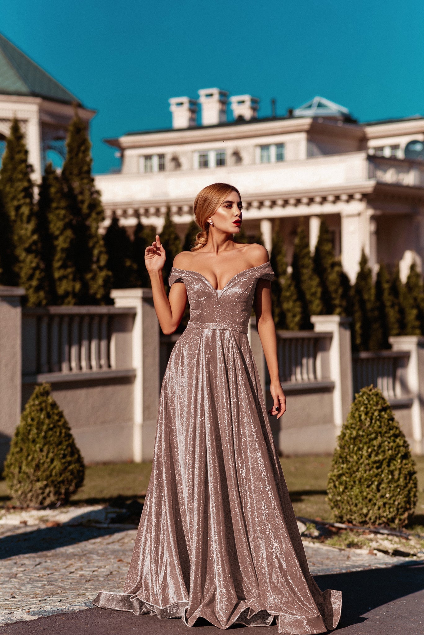 Tina Holly | TW028 V Neckline Glitter Satin A Line Formal Dress  (Made to Order)