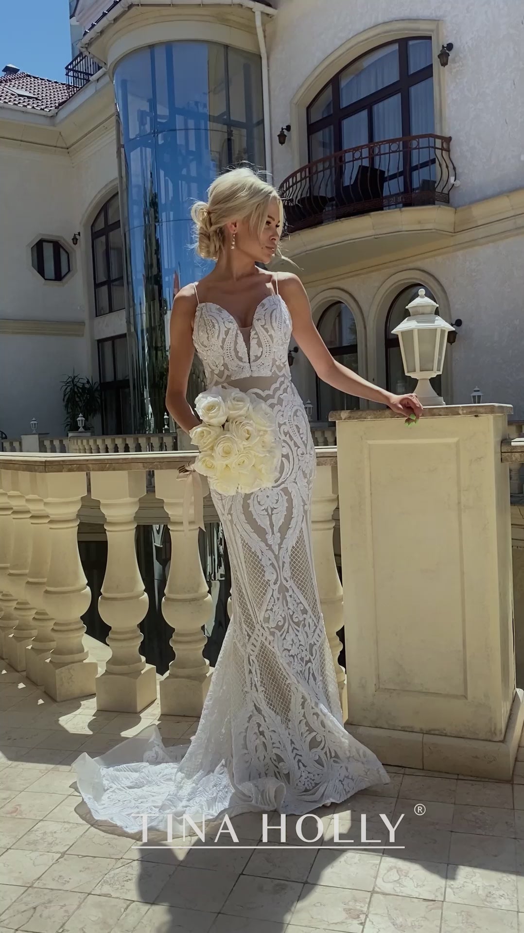 Tina Holly | T19280 Plunging Neckline Spaghetti Strap Sequin Wedding Dress