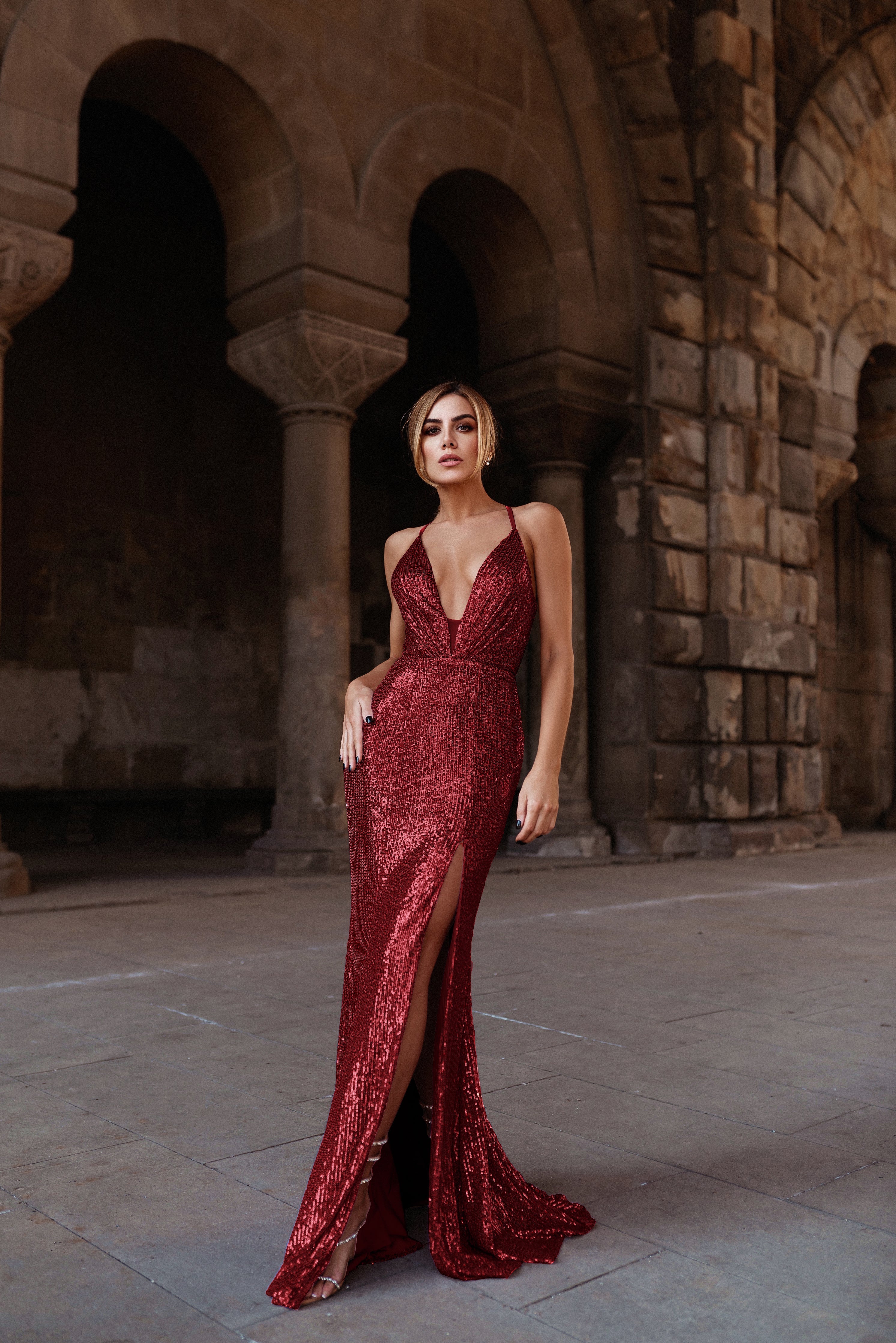 HDD Esme Wine Sequin Laced back Maxi dress