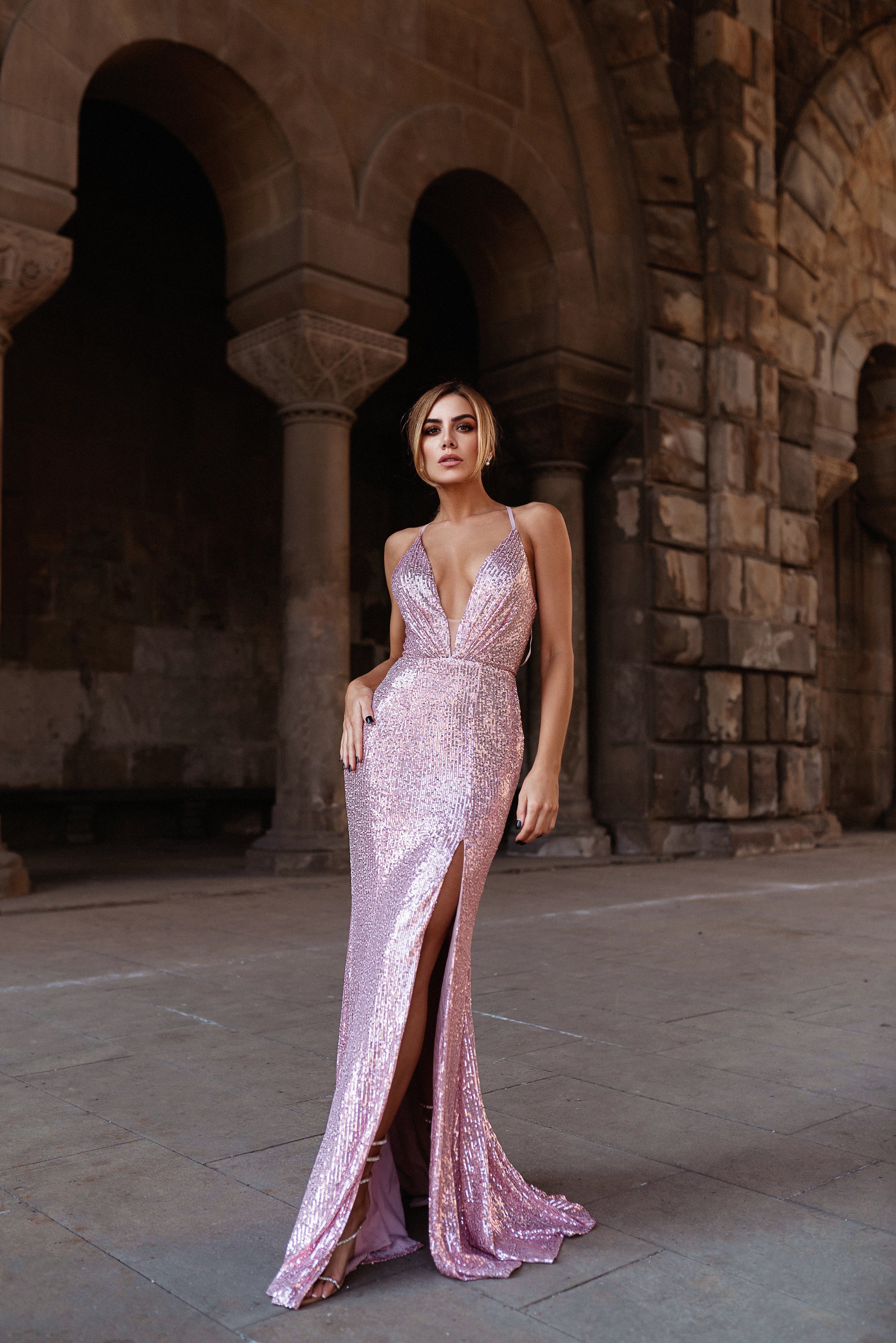 HDD Esme Pink Sequin Laced back Maxi dress