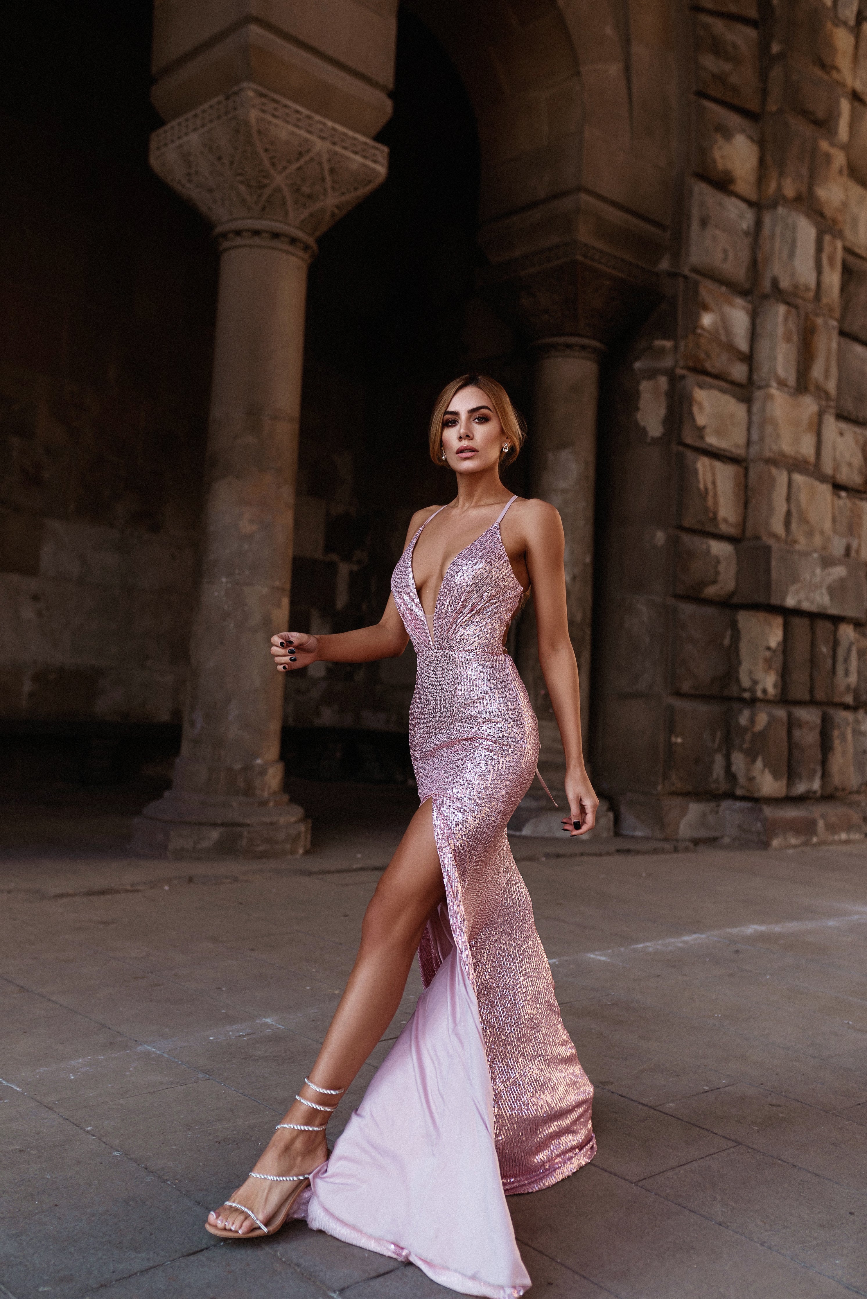 HDD Esme Pink Sequin Laced back Maxi dress