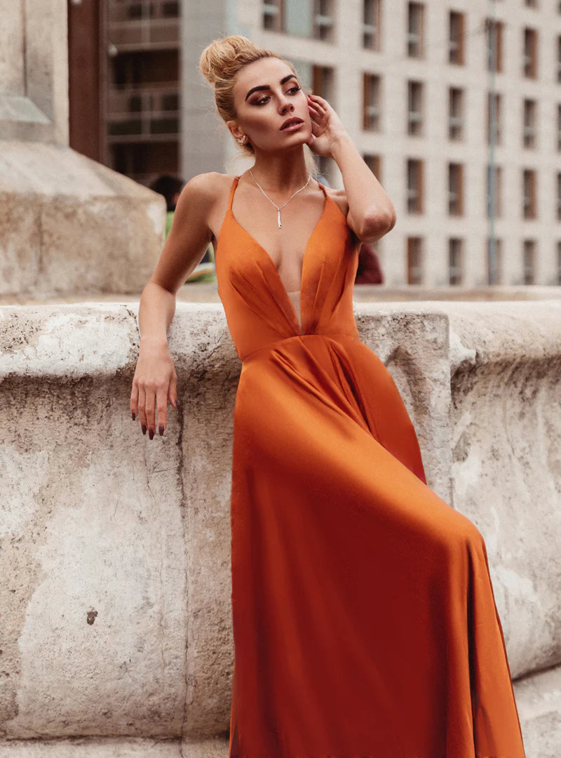 HDD Elina Satin Plunging Neckline Laced Back Maxi Dress