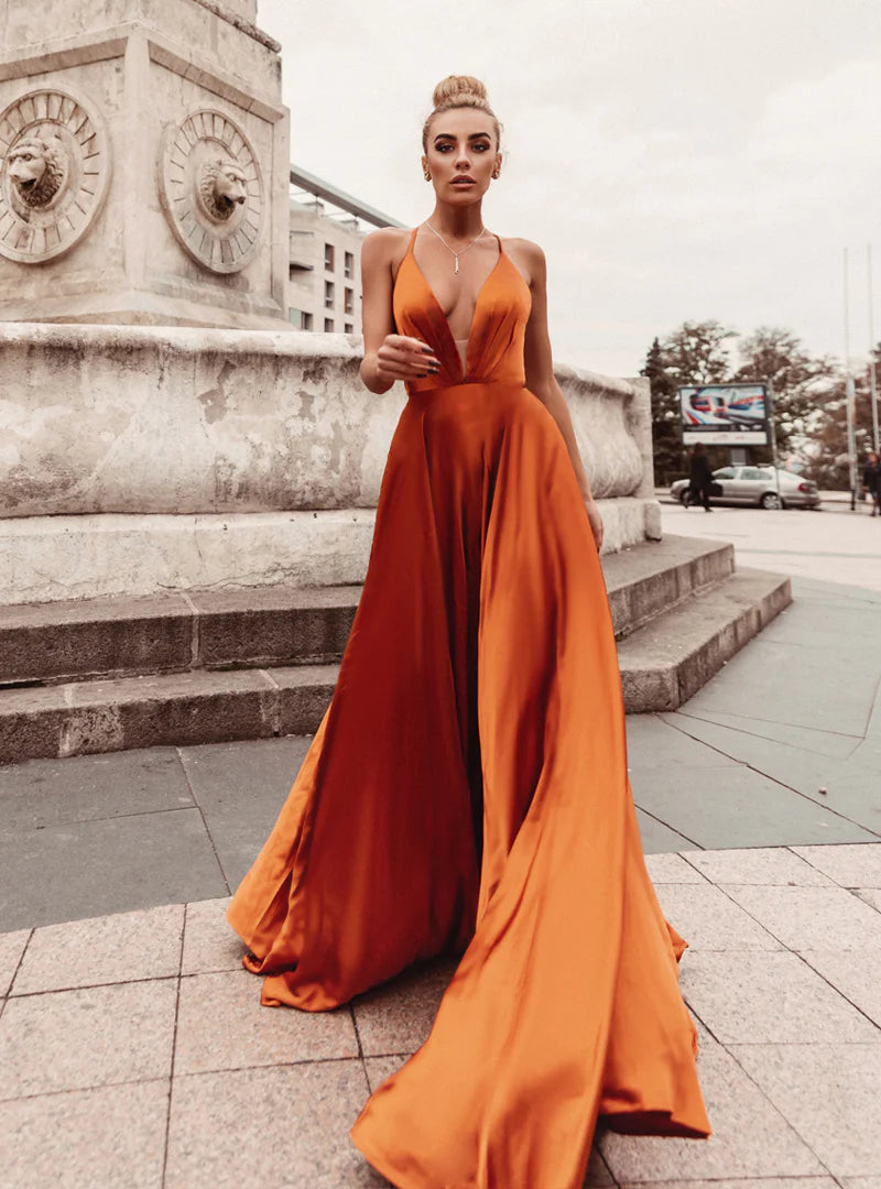 HDD Elina Satin Plunging Neckline Laced Back Maxi Dress