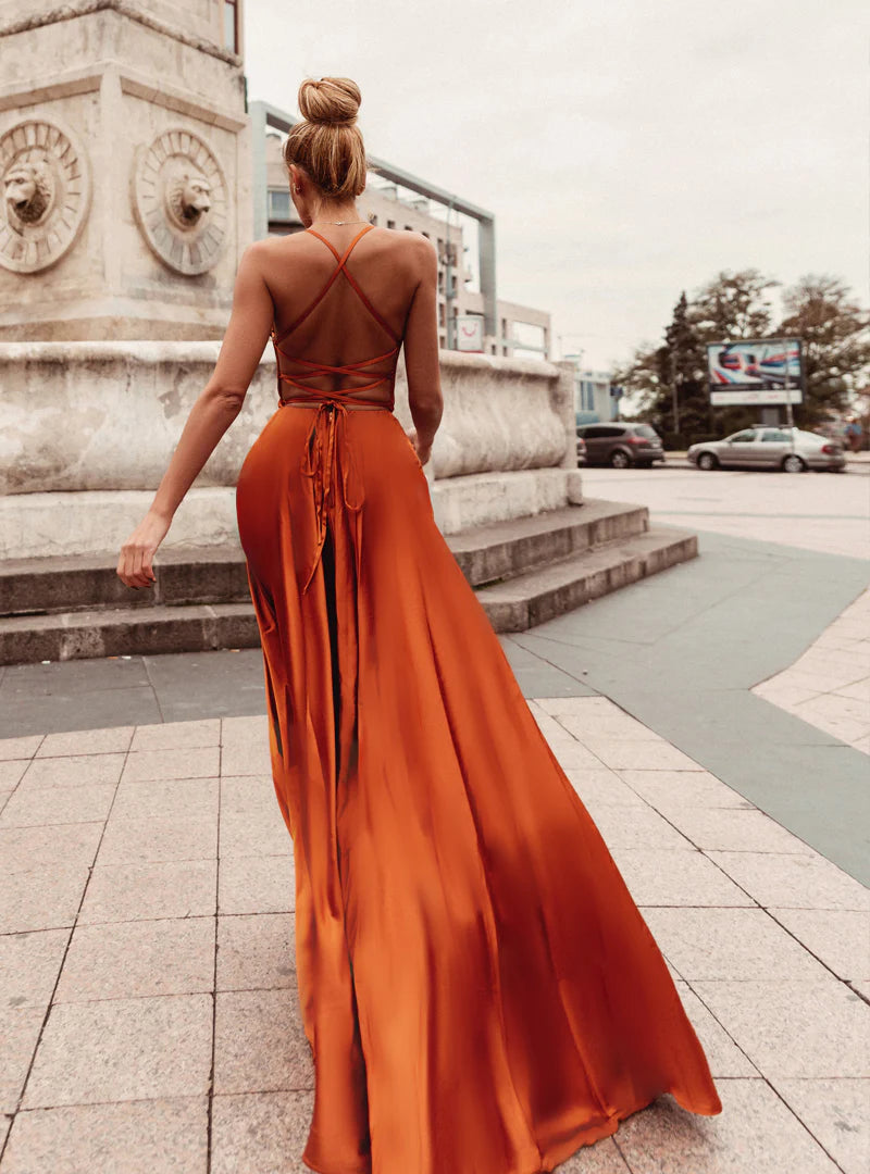 HDD Elina Satin Plunging Neckline Laced Back Maxi Dress