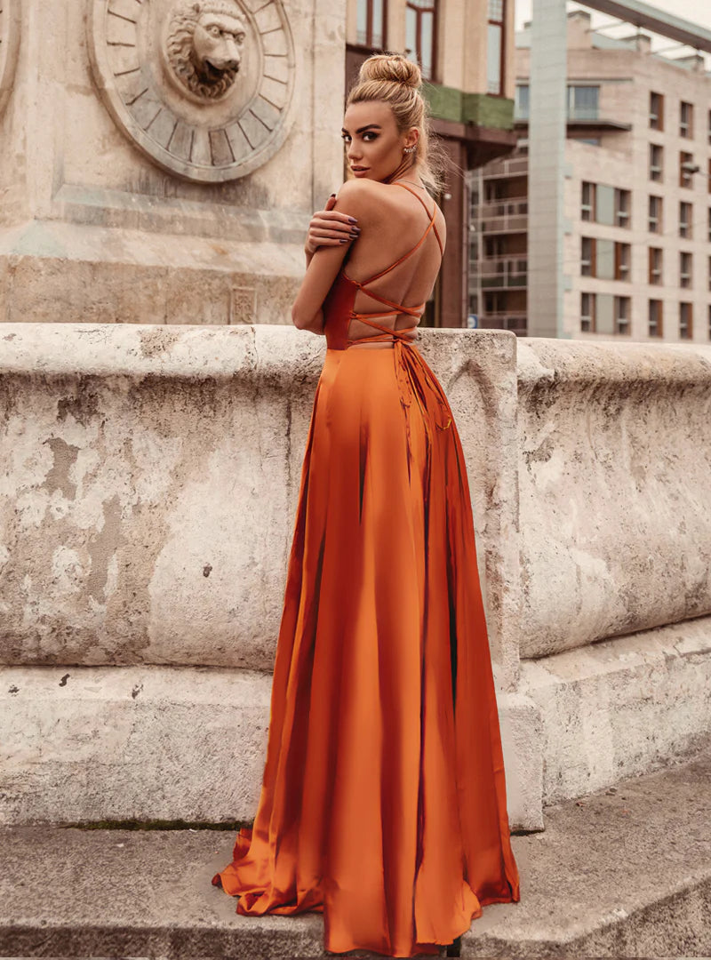 HDD Elina Satin Plunging Neckline Laced Back Maxi Dress