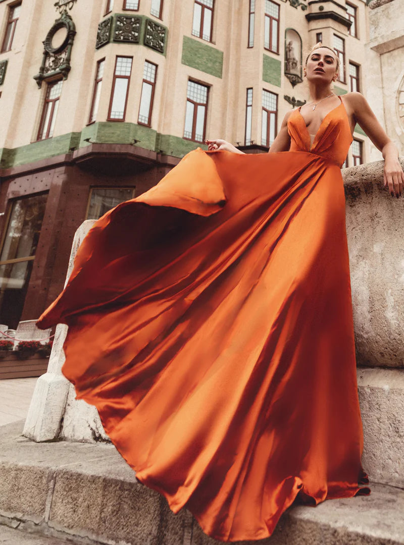 HDD Elina Satin Plunging Neckline Laced Back Maxi Dress