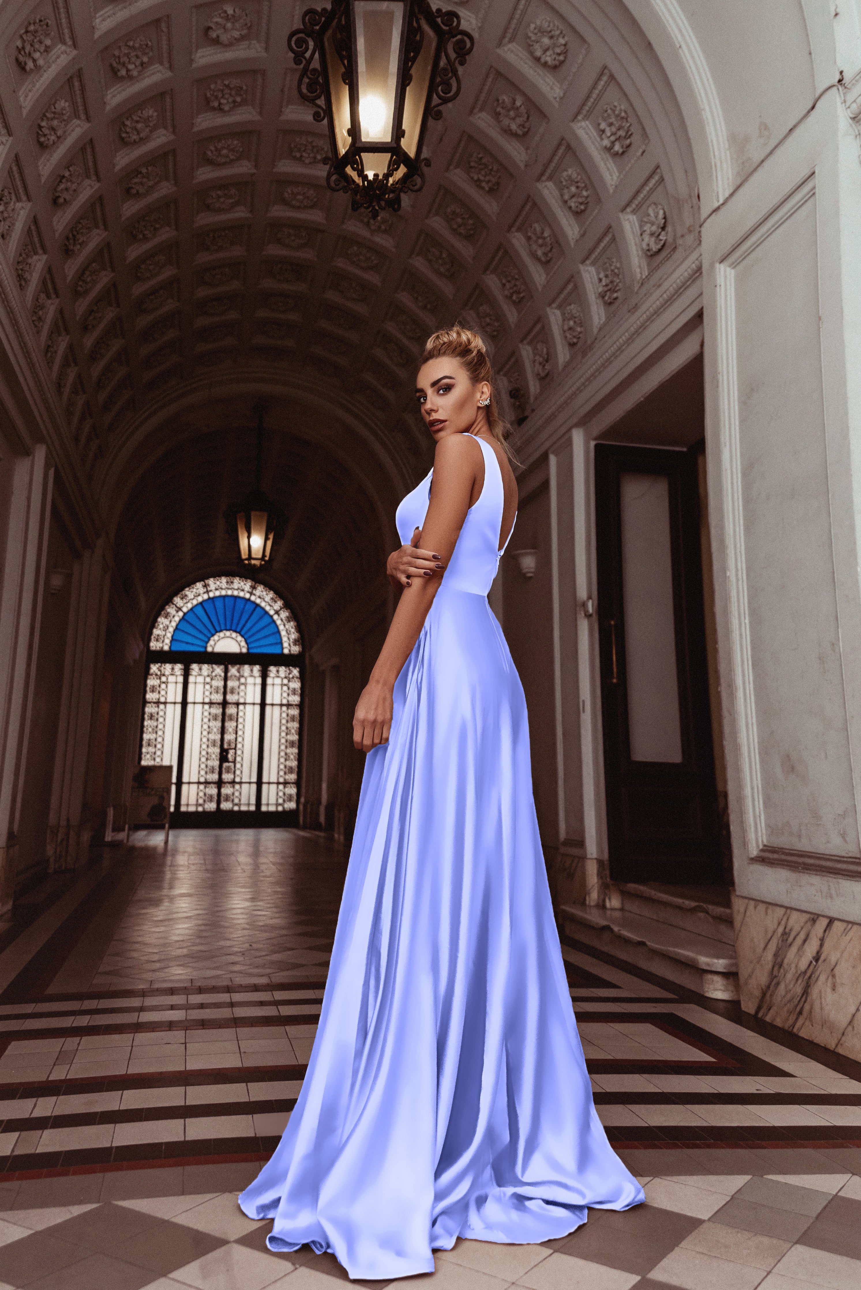 HDD Carina Shiny Satin Plunging Neckline Full Length Dress
