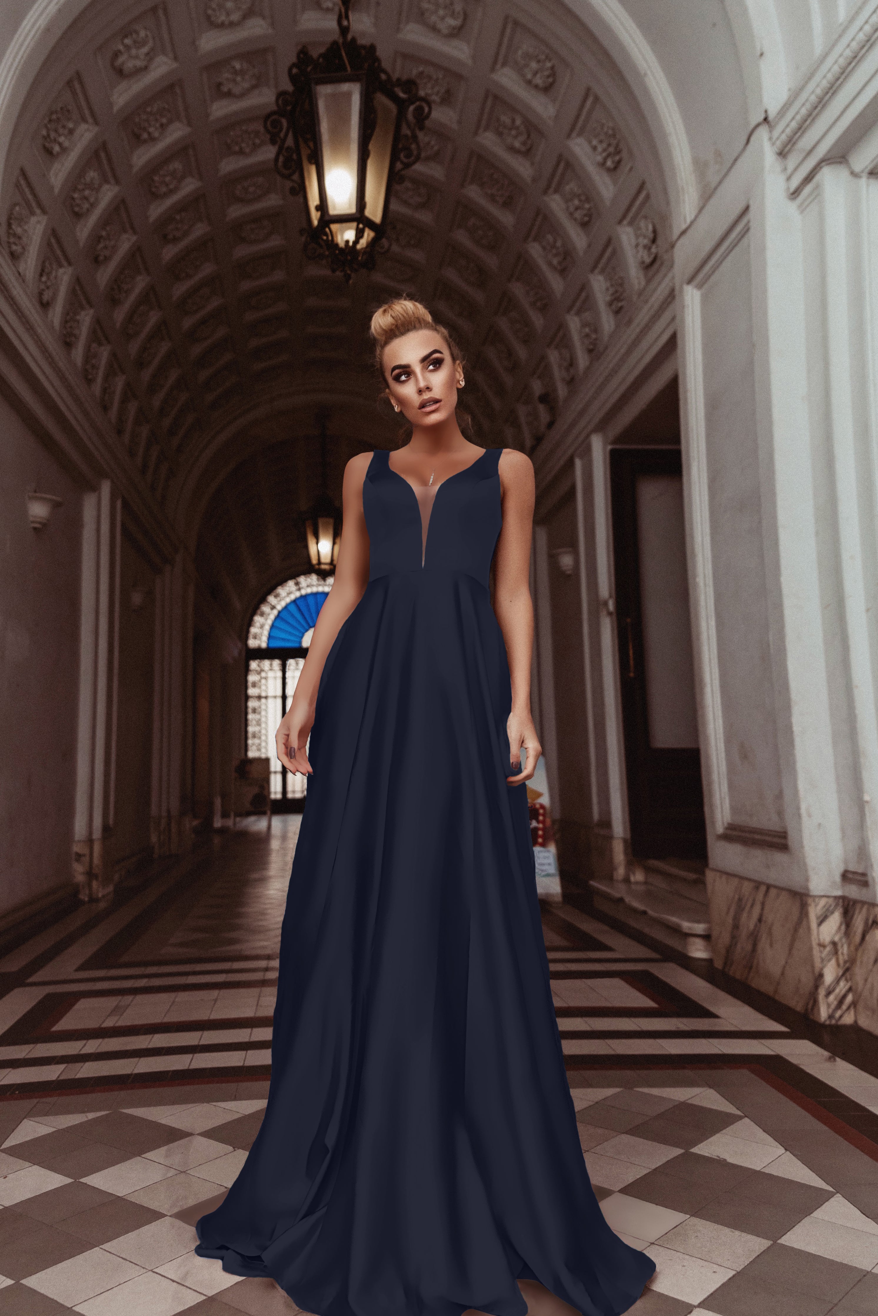 HDD Carina Shiny Satin Plunging Neckline Full Length Dress