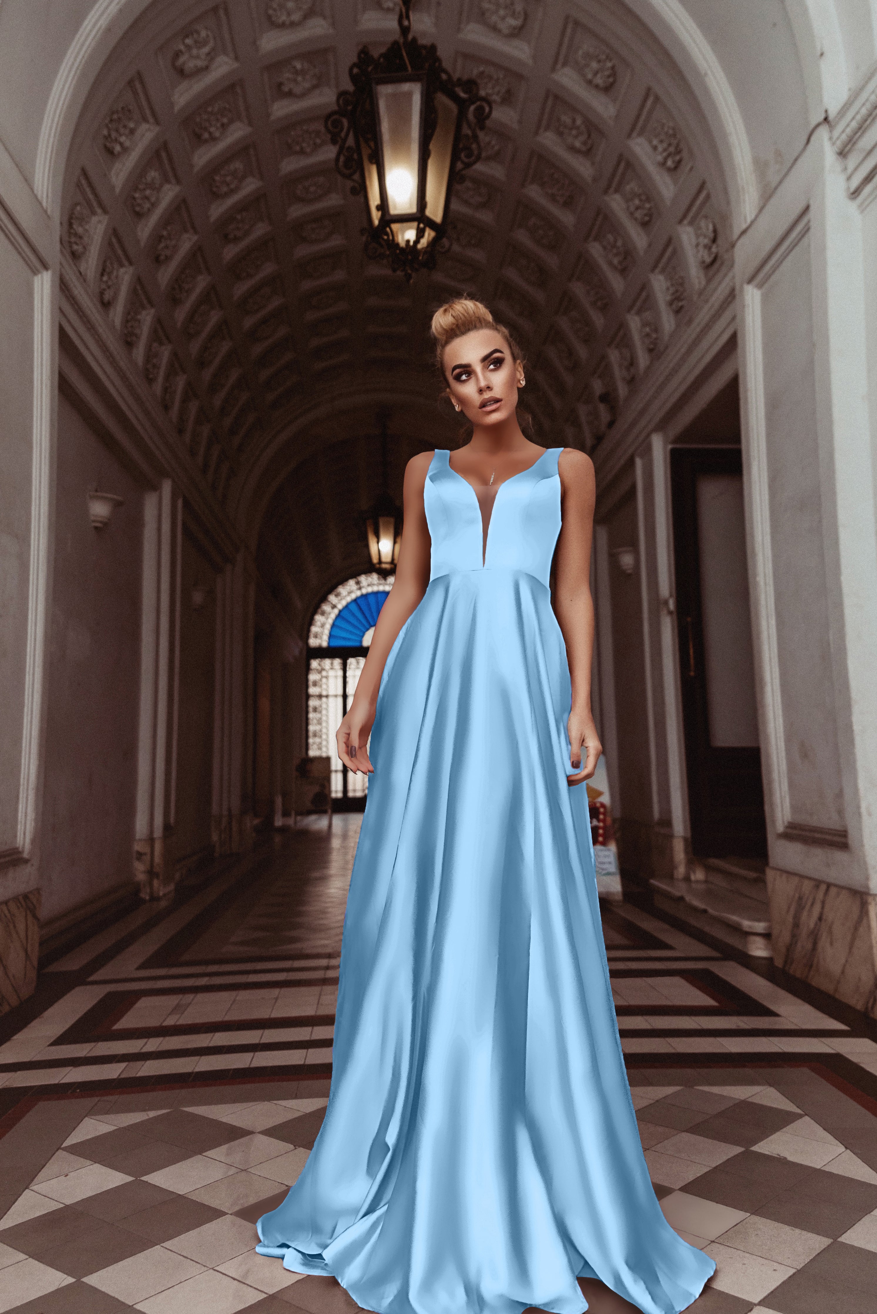 HDD Carina Shiny Satin Plunging Neckline Full Length Dress