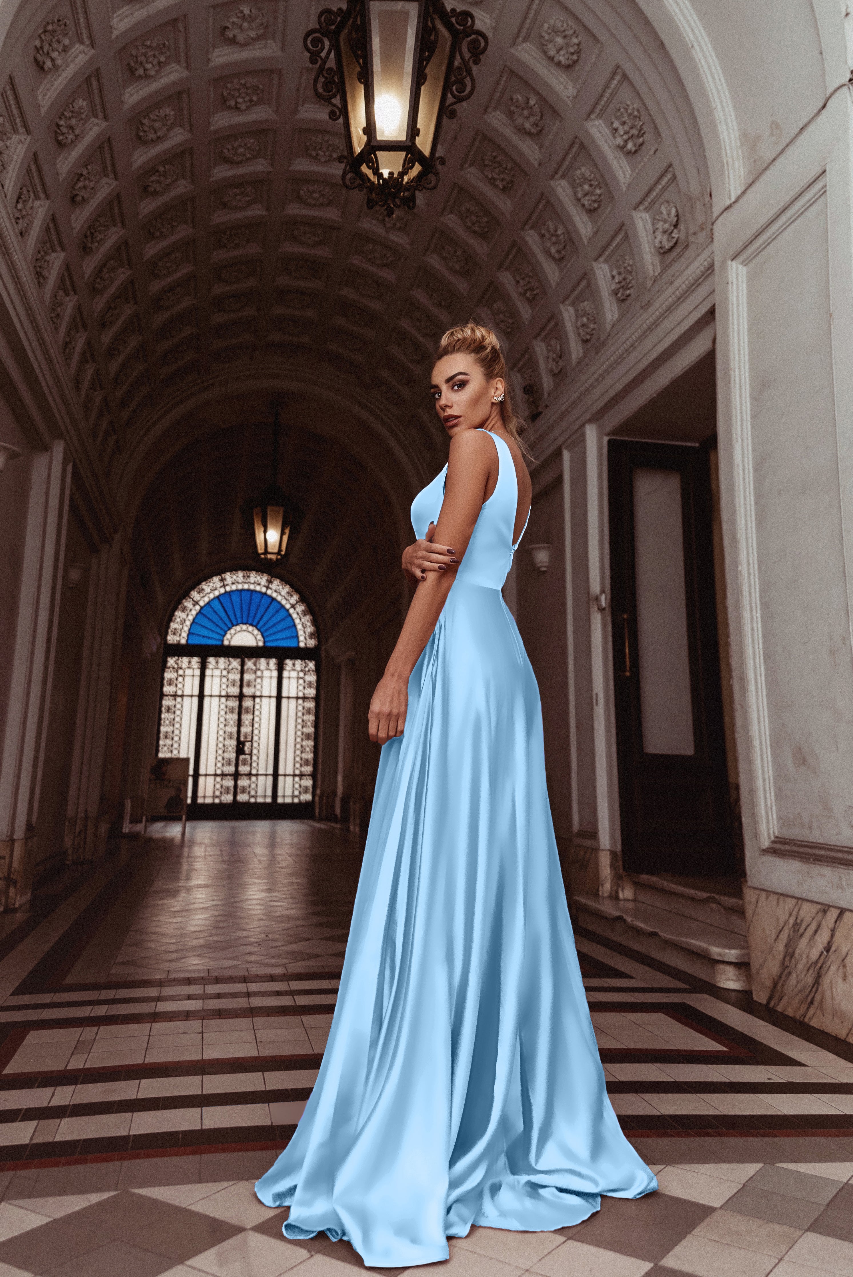 HDD Carina Shiny Satin Plunging Neckline Full Length Dress